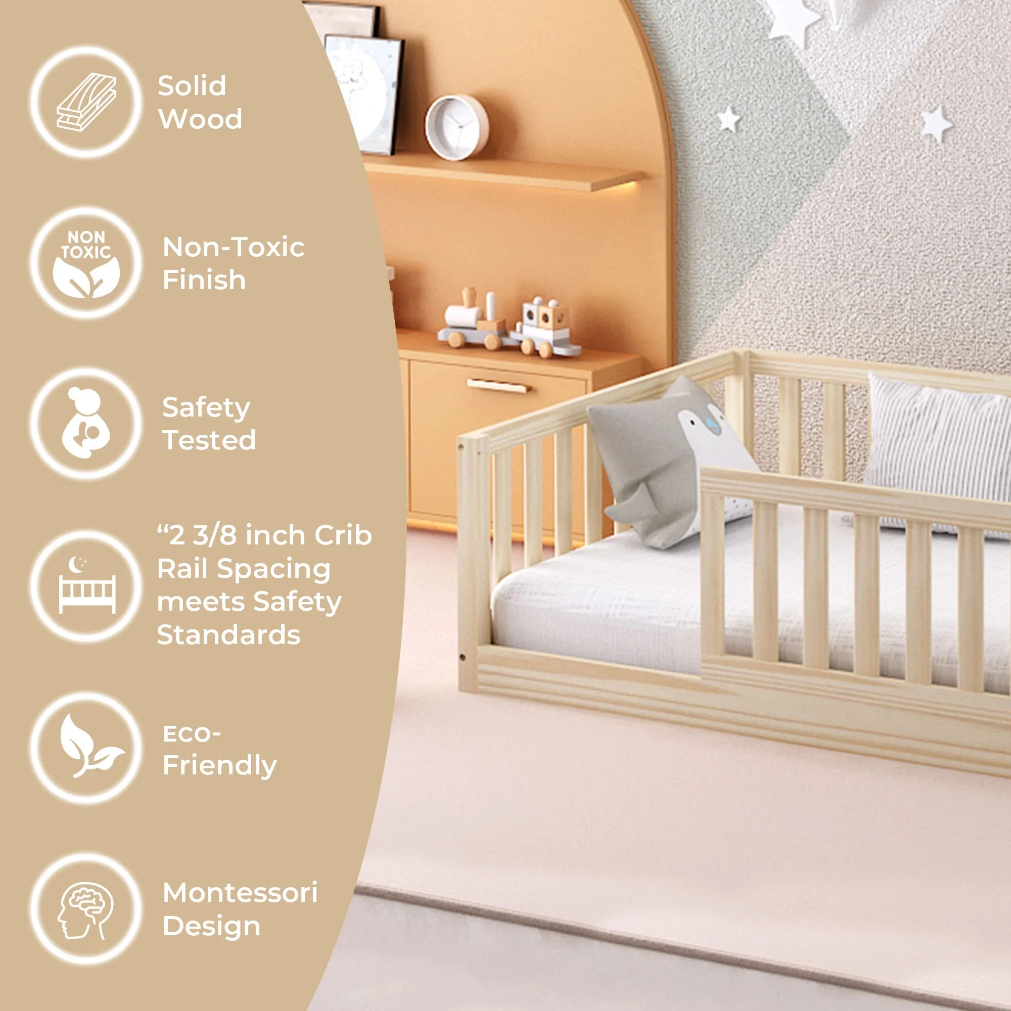 Custom Kids Furniture Levi Twin Size Montessori Floor Bed with Rails and Slats for Toddlers