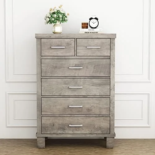 HBBOOMLIFE 6 Drawers Dresser for Bedroom  Wooden Chest of Drawers Closet  Modern Grey Dresser with Wide Drawers  Tall Bedroom Dressers &  Clothes Organizer for Living Room  Hallway  E