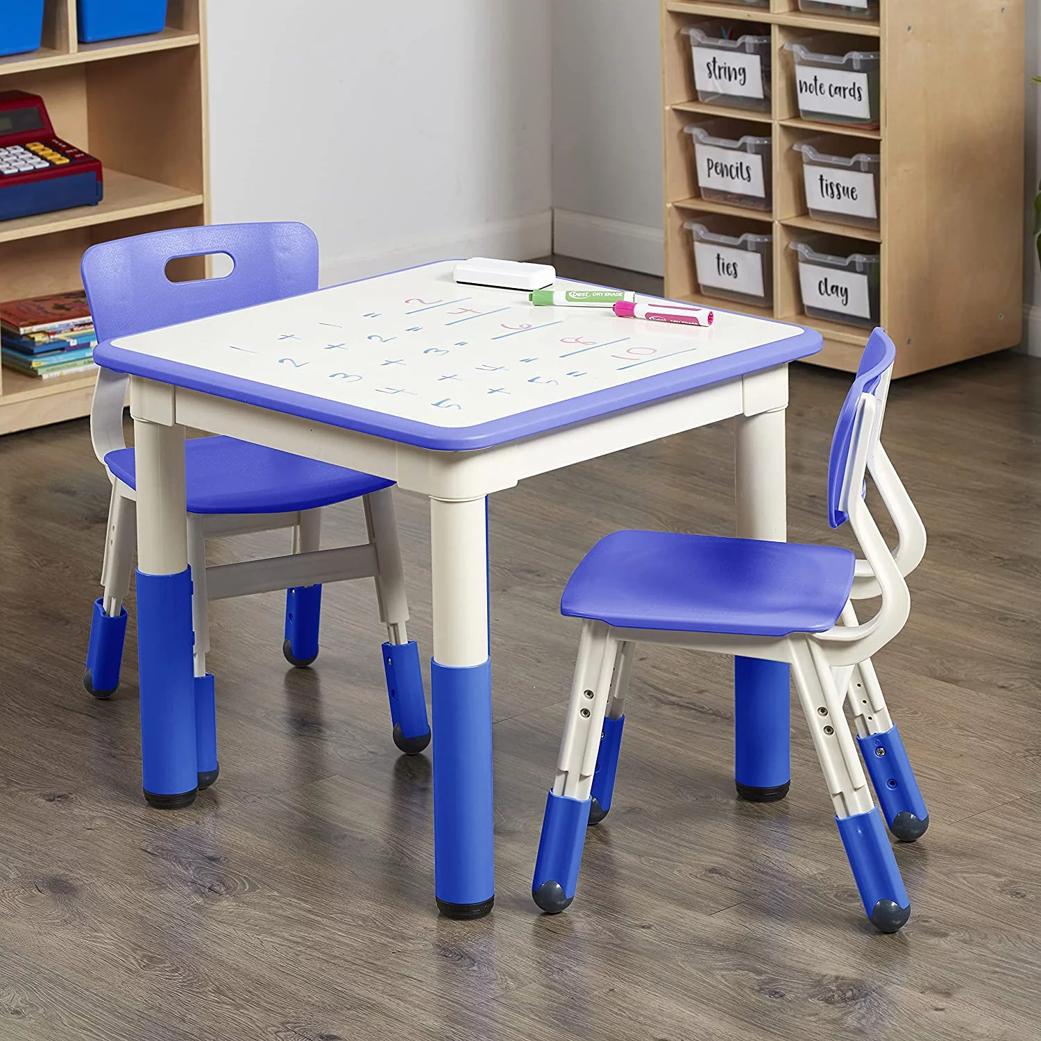 OUWI Dry-Erase Square Activity Table with 2 Chairs, Adjustable, Kids Furniture, Blue, 3-Piece
