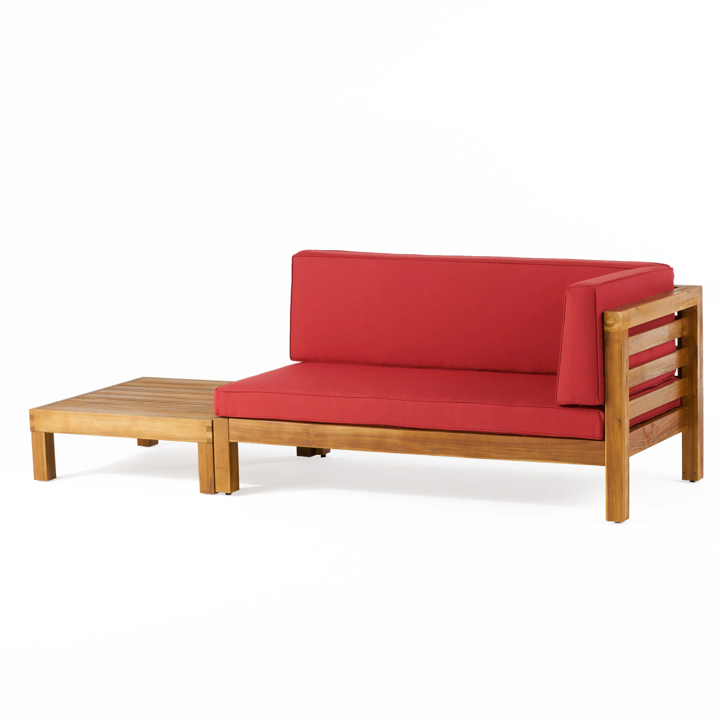 GDF Studio Cascada Outdoor Acacia Wood Right Arm Loveseat and Coffee Table Set with Cushion, Teak and Red