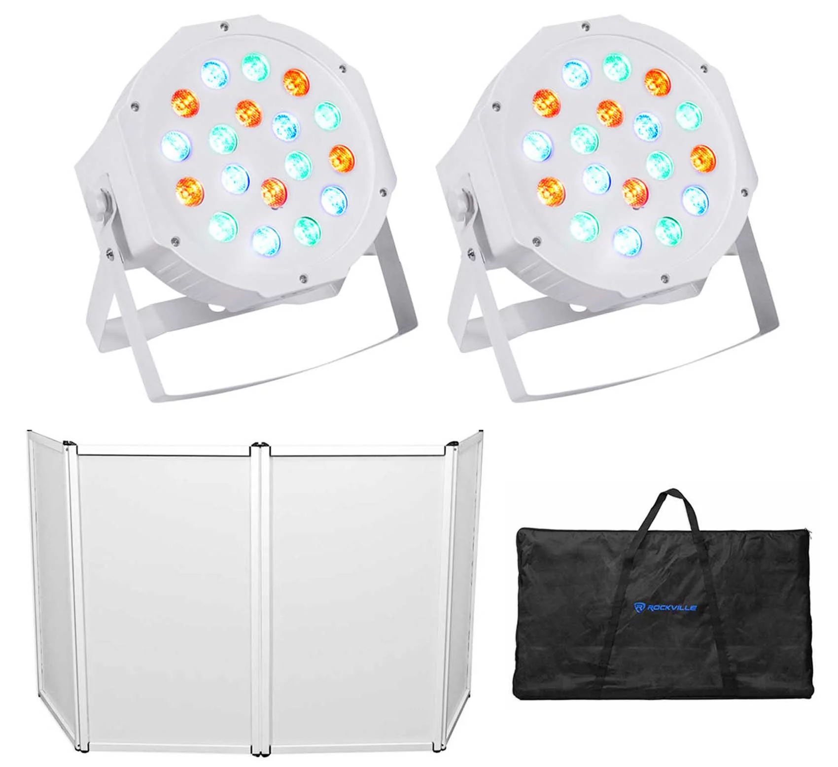 Rockville RFAAW DJ Event Facade Metal Booth+Travel Bag+Scrim+(2) RGB Par Lights