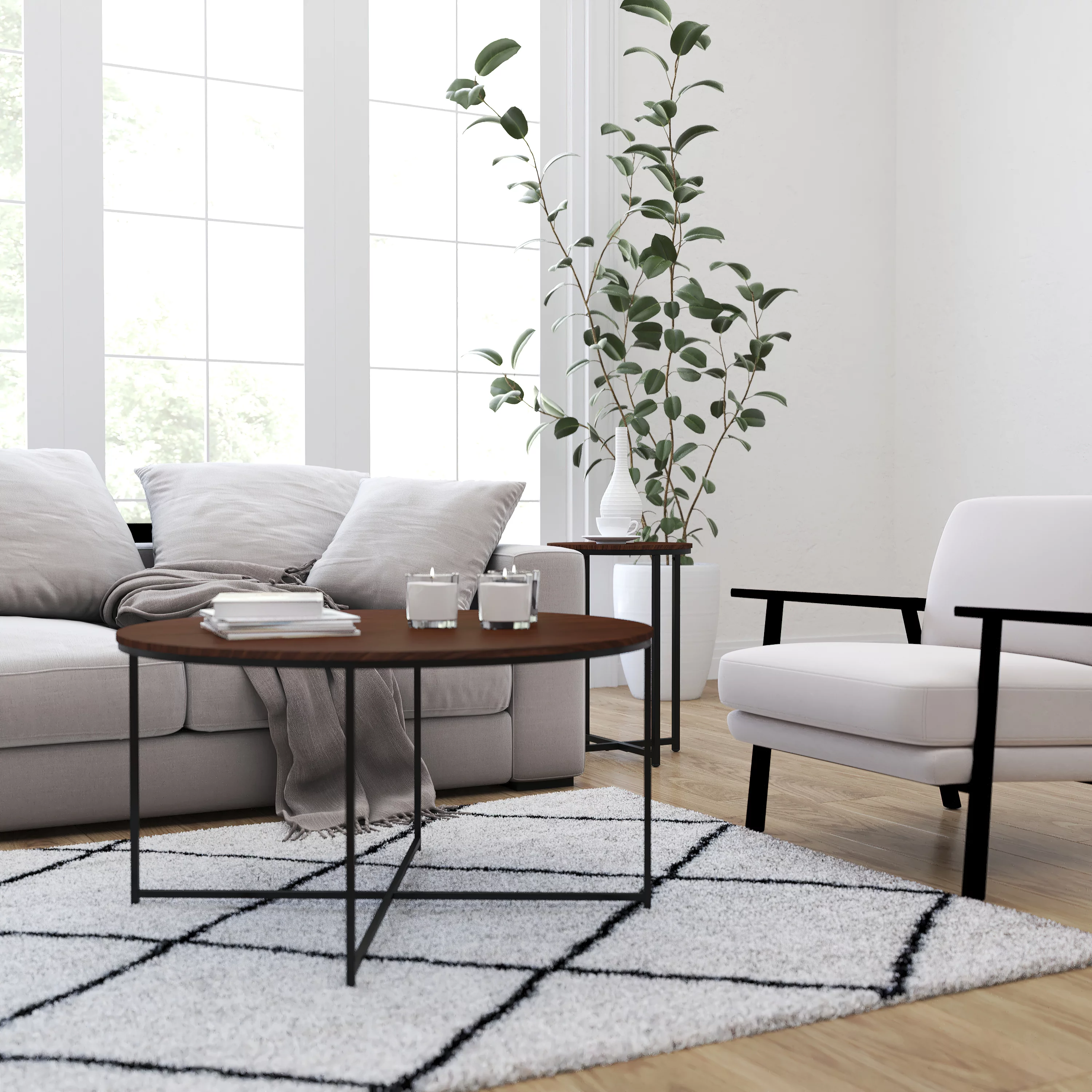 Merrick Lane Round Coffee Table Set - 3 Piece Walnut Coffee Table Set with Matte Black Crisscross Frame - Coffee Table & 2 End Tables