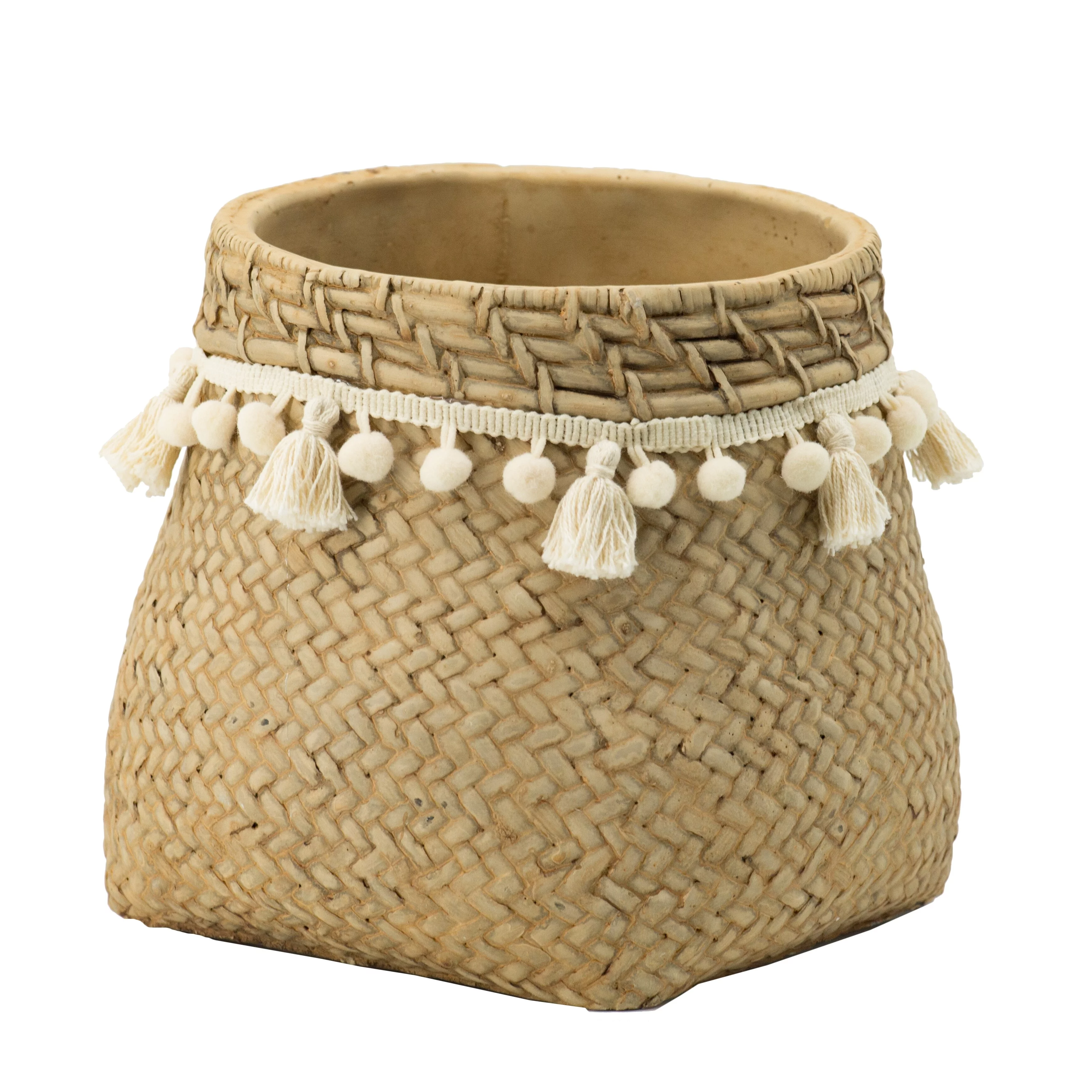 A&B Home Natural and Cream Woven Detail Outdoor Planter with Tassel Trim Small