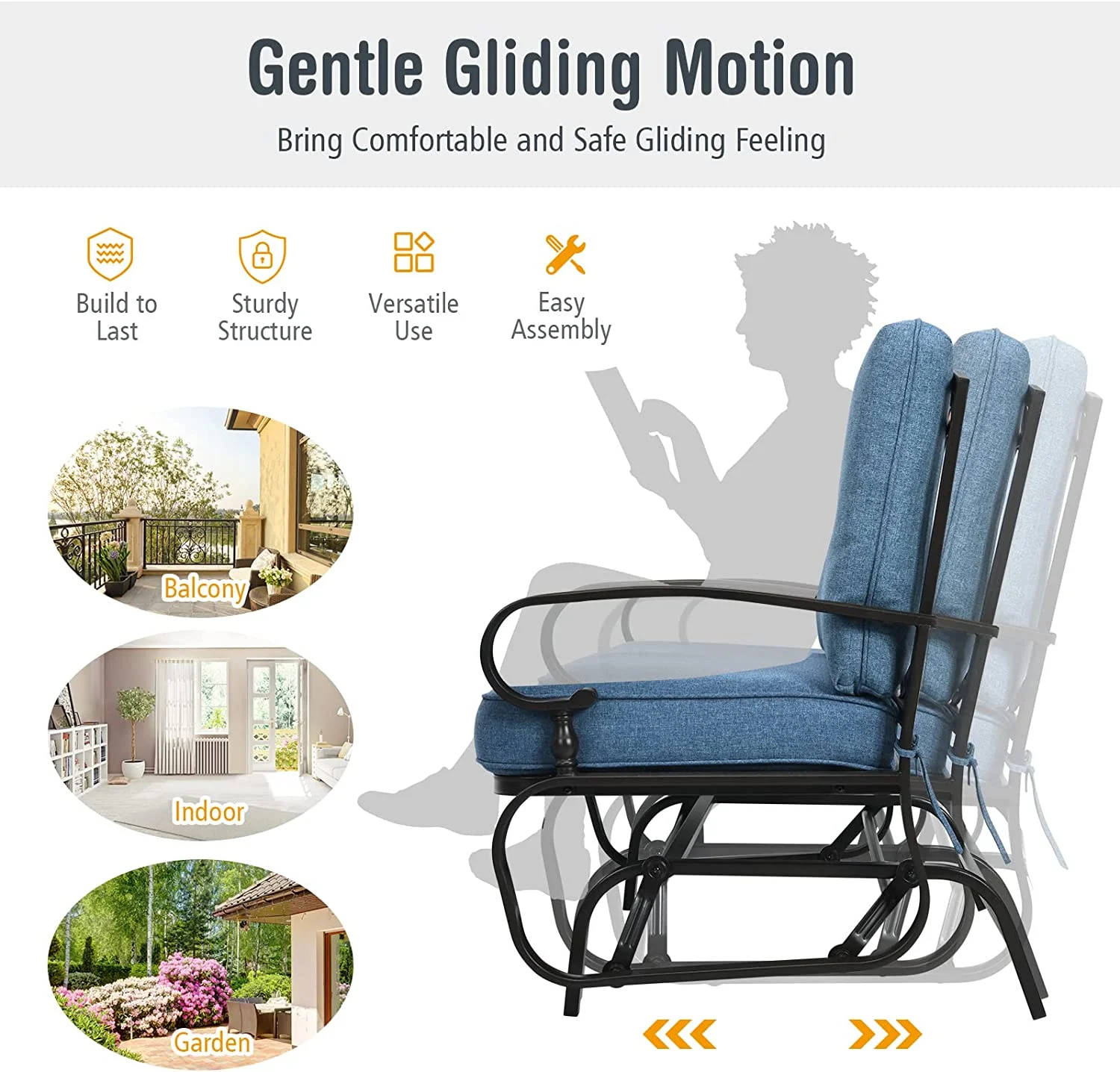 Outdoor Glider Bench Patio Loveseat with Cushions, 2-Person Outdoor Rocking Chair, Porch Glider Swing for Garden, Backyard, Poolsise, Patio Seating Rocker (Navy)