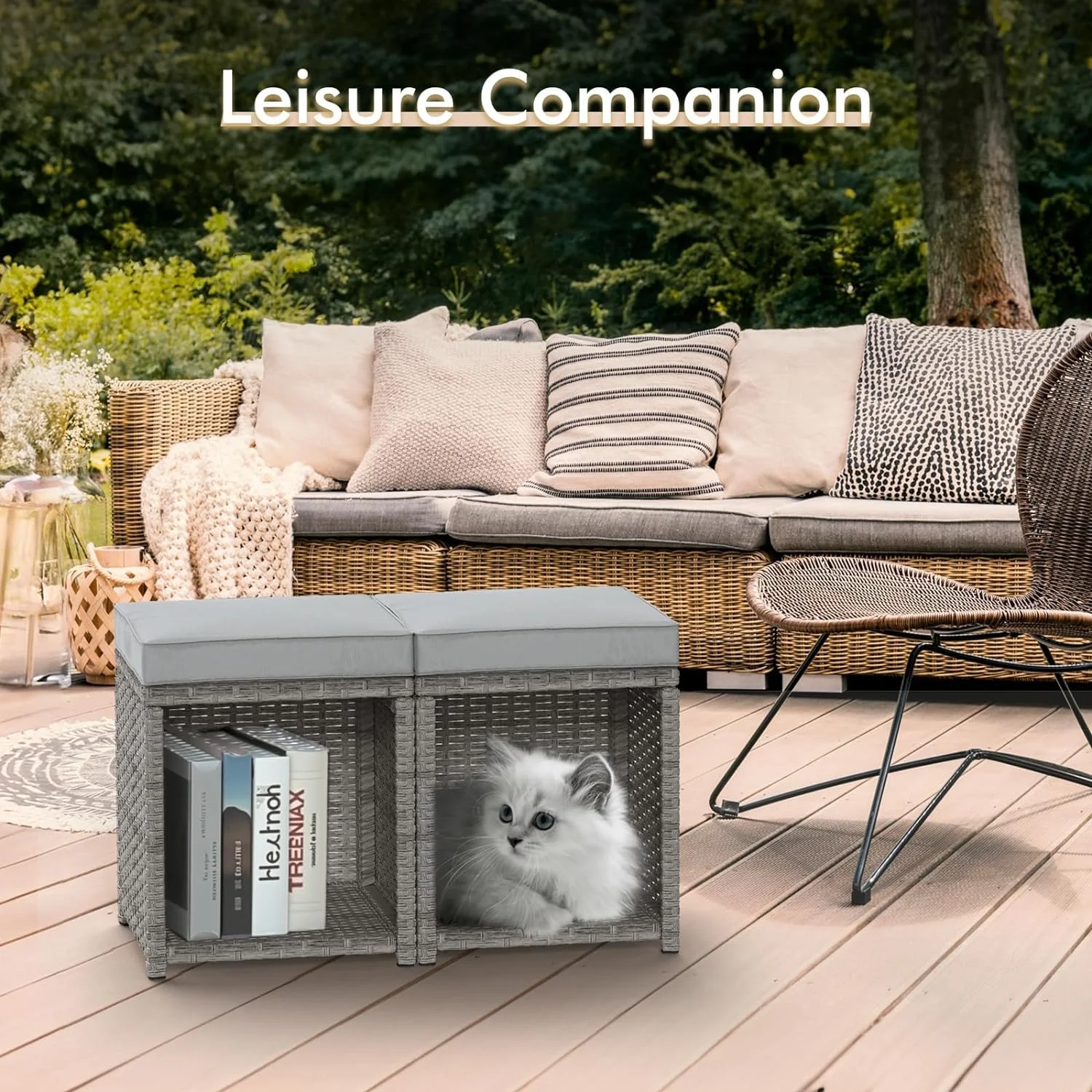 U-SHARE 2-Piece Outdoor Patio Ottoman, Rattan Wicker Ottoman Set of 2, Outdoor All Weather Footstool Footrest Seat w/Thick Cushion Storage Space, Grey