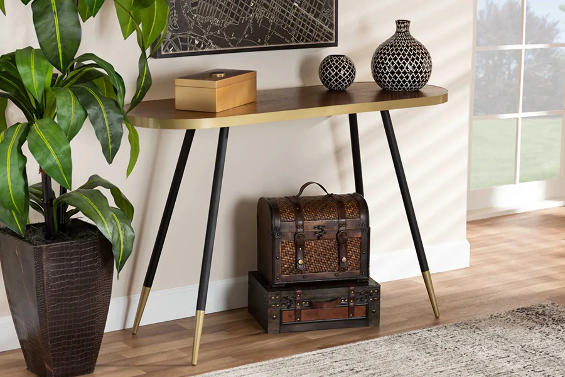 Baxton Studio Lauro Modern and Contemporary Walnut Wood Finished and Two-Tone Gold and Black Metal Console Table