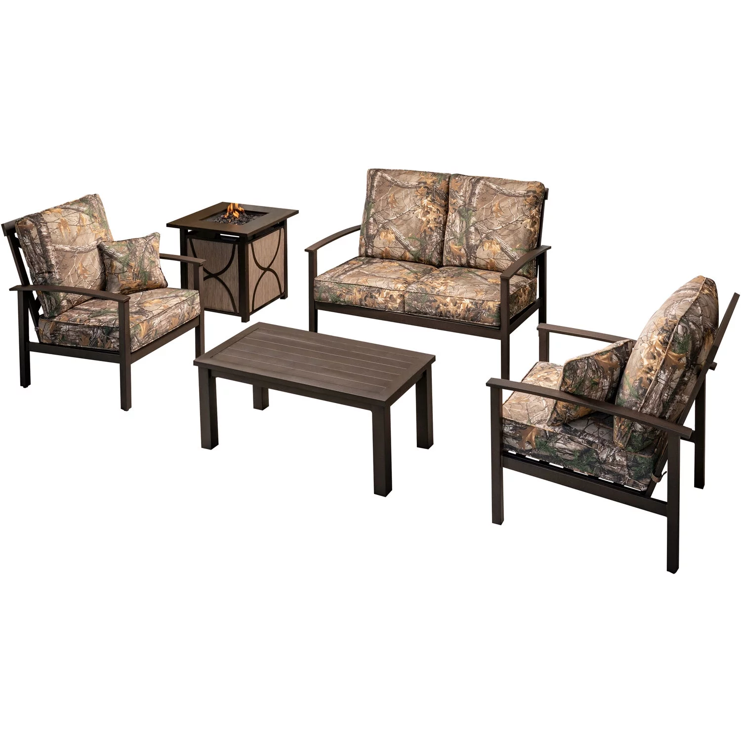 Hanover Cedar Ranch 5-Piece Outdoor Patio Furniture Set, 2 Deep Seating Chairs, Loveseat, Coffee Table, and Sling Gas Fire Pit, Thick RealTree Printed