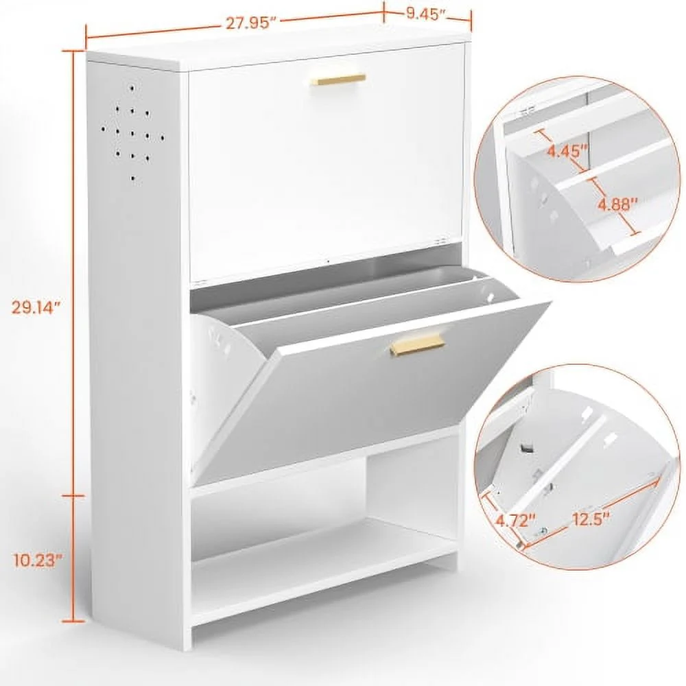 2 Drawer All Steel Large Shoe Cabinet, Freestanding Shoe Rack Organizer with Flip Door, 2 Tiers Modern Tipping Bucket Shoe Cabinet for Entryway, Hallway, Bedroom, White (Requires Assembly)