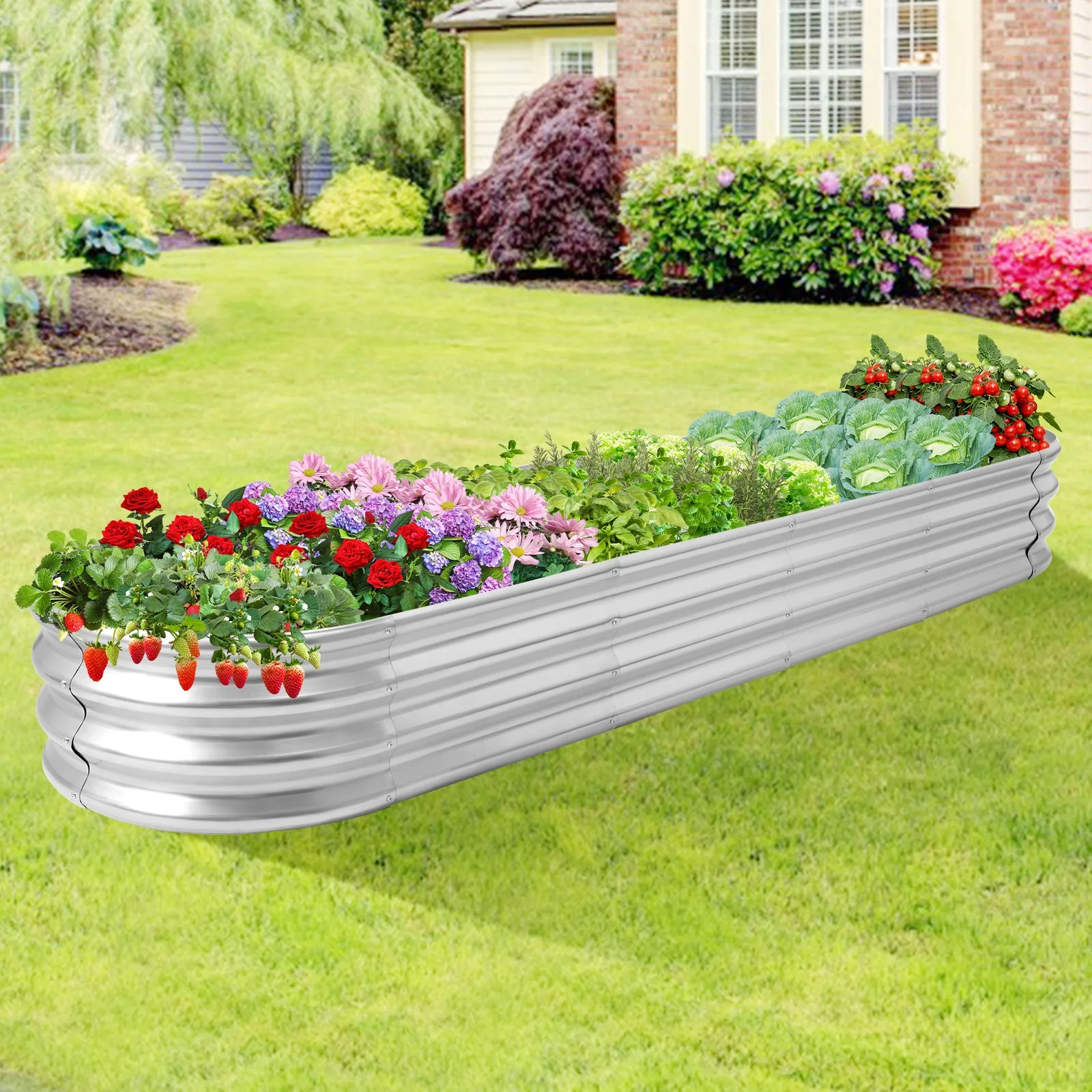 Funcid Galvanized Raised Garden Bed, Large Metal Oval Planter Box for Outdoor, Garden Bed for Planting Vegetables Plants, 8 ft x 2 ft * 1 Pack