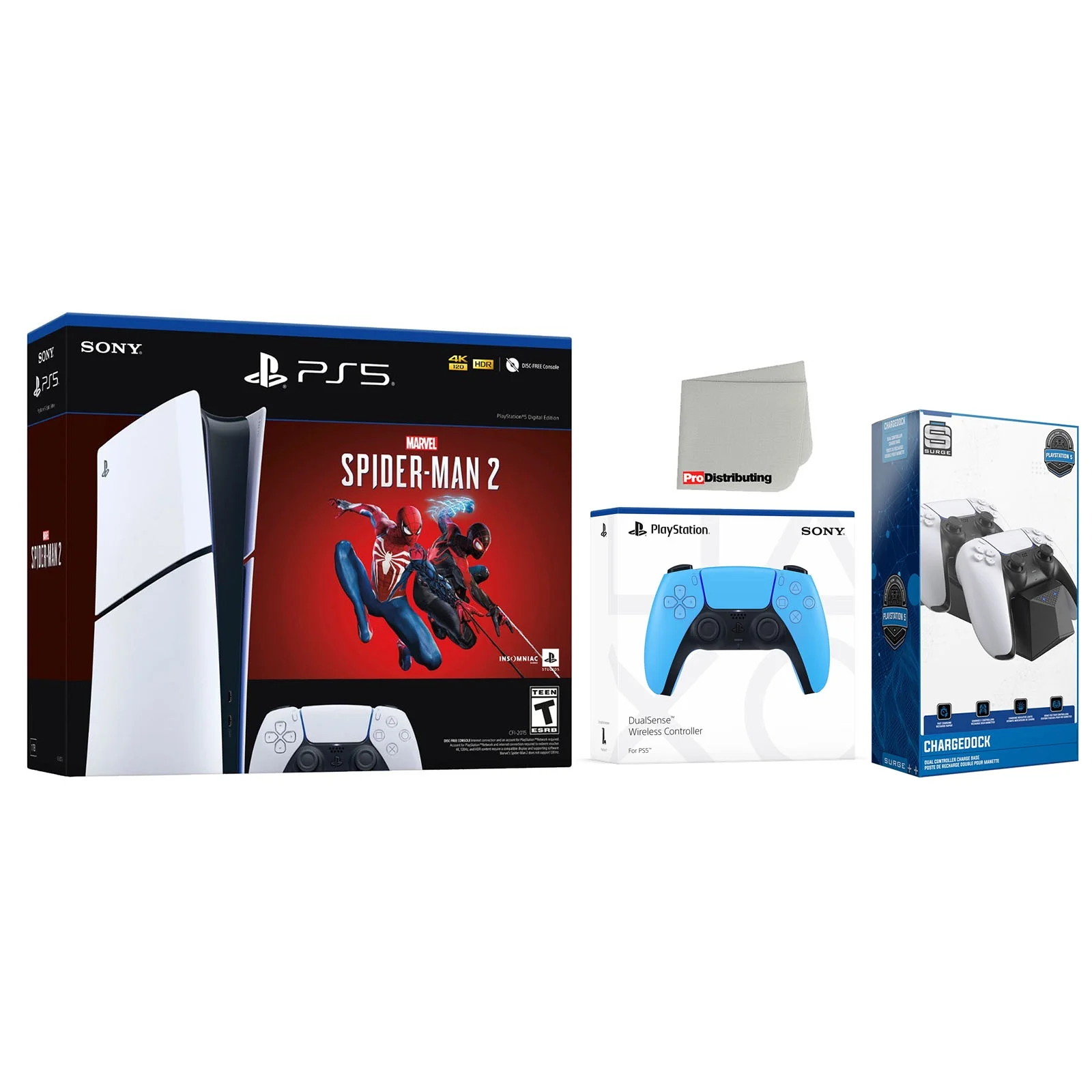 Sony PlayStation 5 Digital Slim Marvel’s Spider-Man 2 Bundle with Extra Starlight Blue Controller and Charging Dock