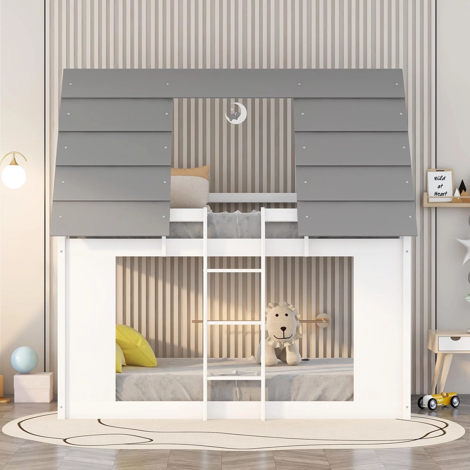 Bellemave Twin over Twin Wood House Bunk Bed, Low Bunk Bed with Roof for kids, Teens (White+Gray)