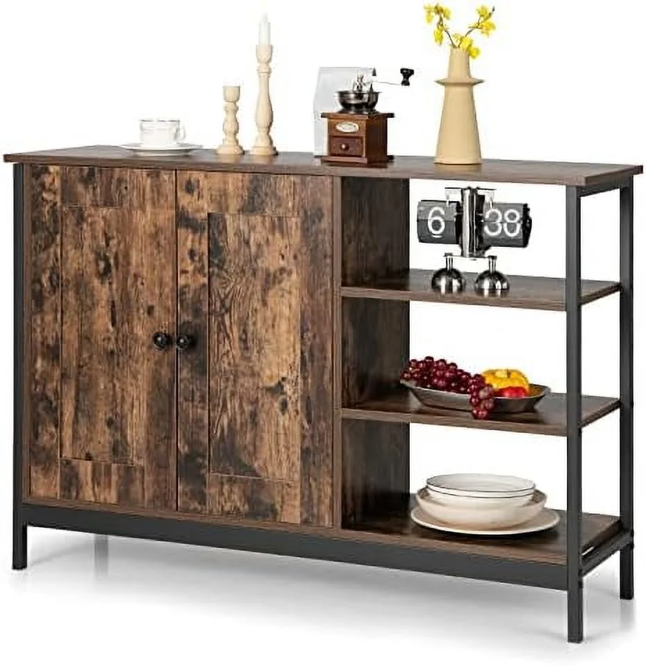 HYHBIBOOM Industrial Kitchen  Cabinet w/Open Shelves  2-Door Cupboard  Adjustable   Wooden Buffet Sideboard  Farmhouse Floor  Cabinet for Living Room  Entryway (Rustic Brown)