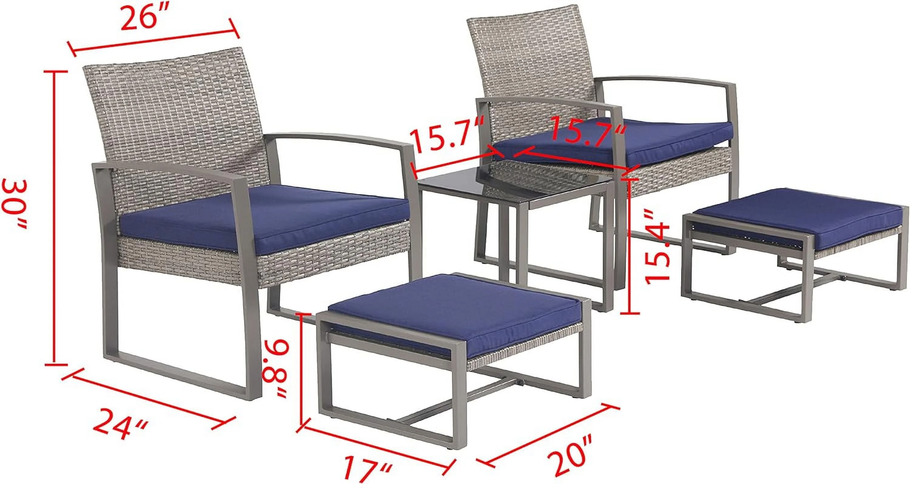 Patio Conversation Bistro Set 5 Pieces Outdoor PE Wicker Rattan Sofa Furniture Cushioned Chairs And Ottomans With Tempered Glass Coffee Table For Backyard, Garden, Porch