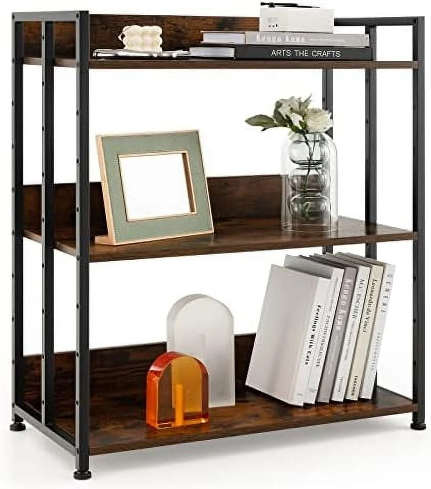 HYHBIBOOM 3-Tier Bookshelf  Tall Bookcase  with Metal Frame  Industrial Floor   Organizer  DIY Shelving Unit Display Rack for Study  Living Room  Kitchen  Rustic Brown
