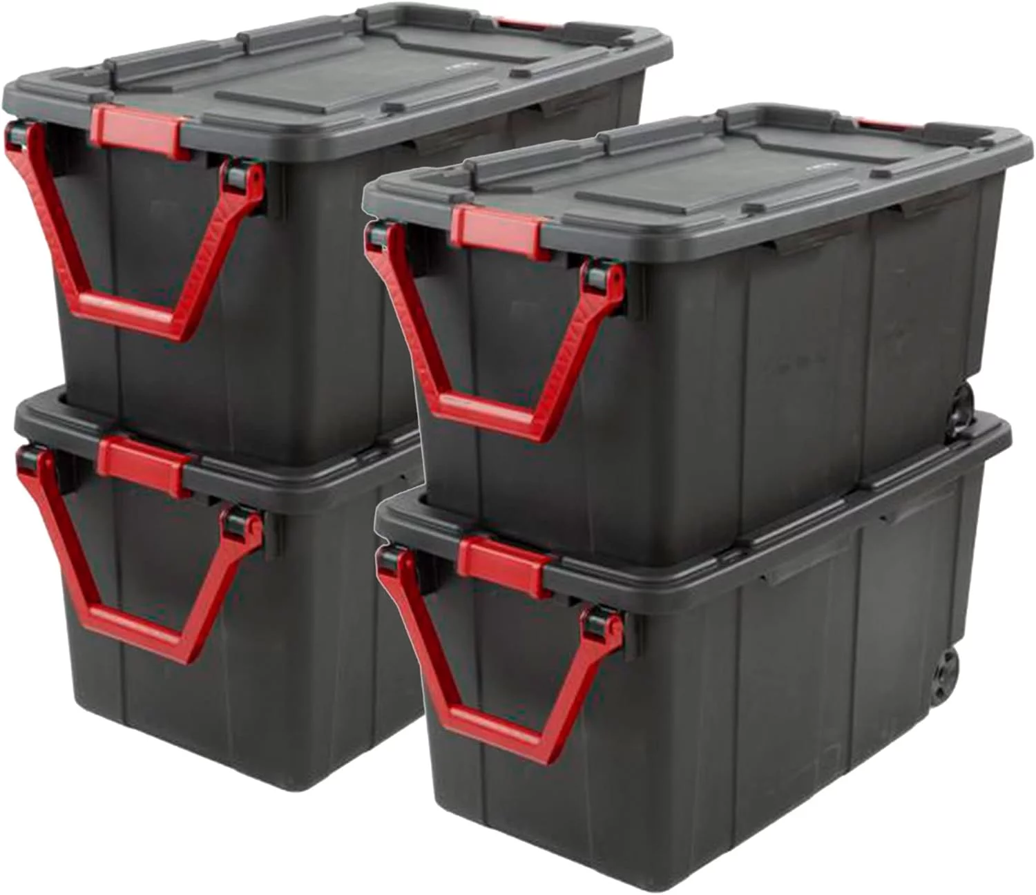 40 Gal Wheeled Industrial Tote, Stackable Storage Bin With Lid, Plastic Container With Heavy Duty es, Black Base And Lid, 4-Pack