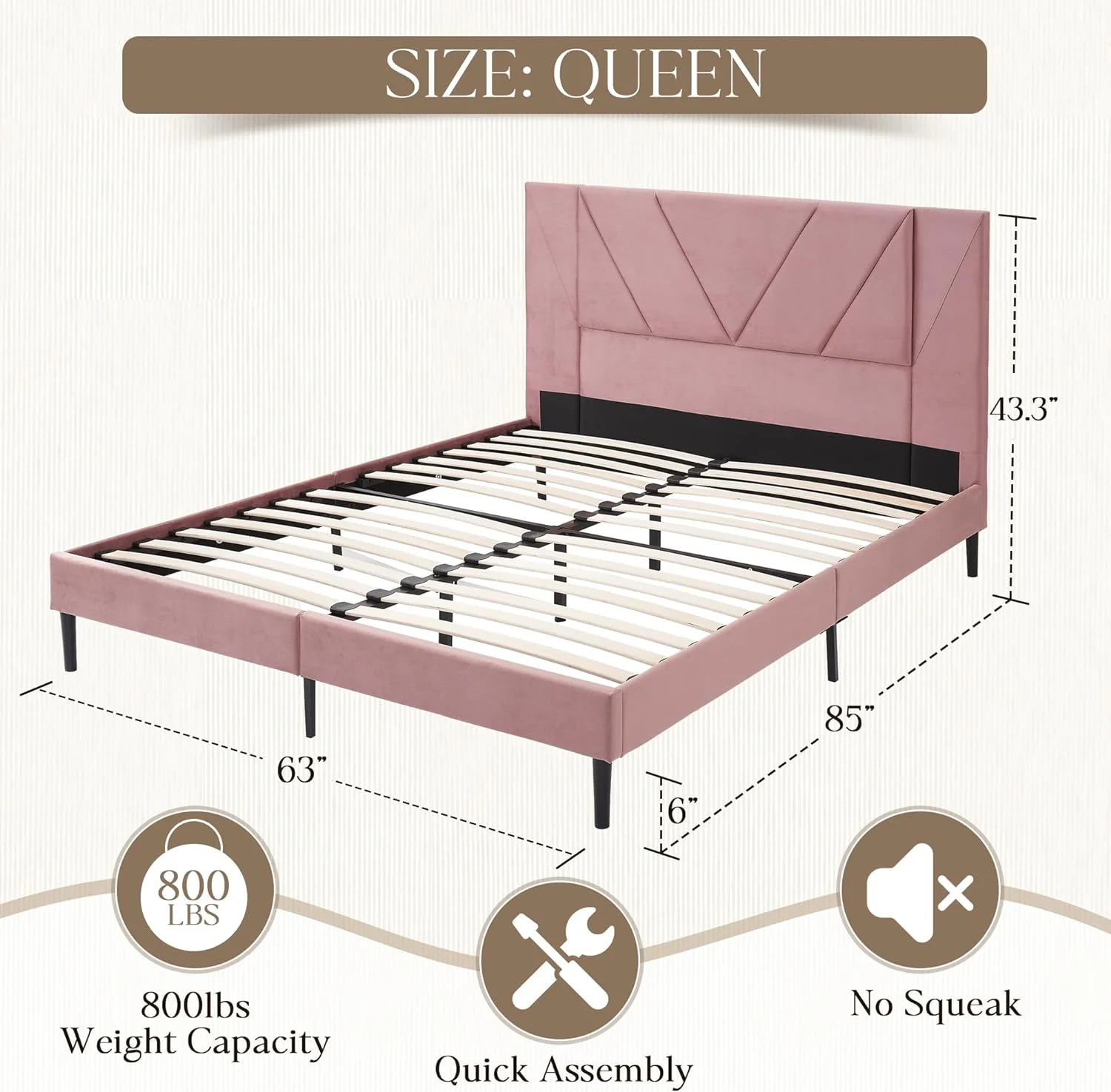 Bed Frame Queen Size with Headboard Velvet Upholstered Platform Bed with Sprung Slat, Modern Queen Bed Frame, Mattress Foundation, Easy Assembly, Pink