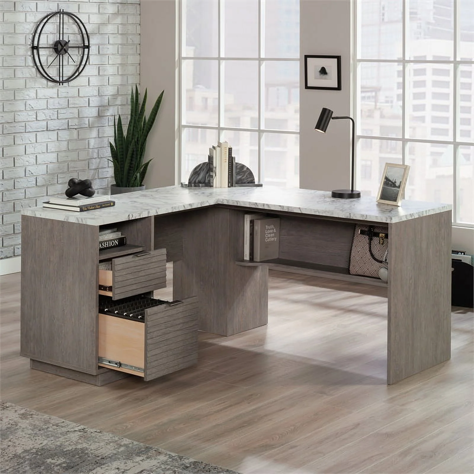 UrbanPro Modern Engineered Wood L-Shaped Desk in Ashen Oak Finish