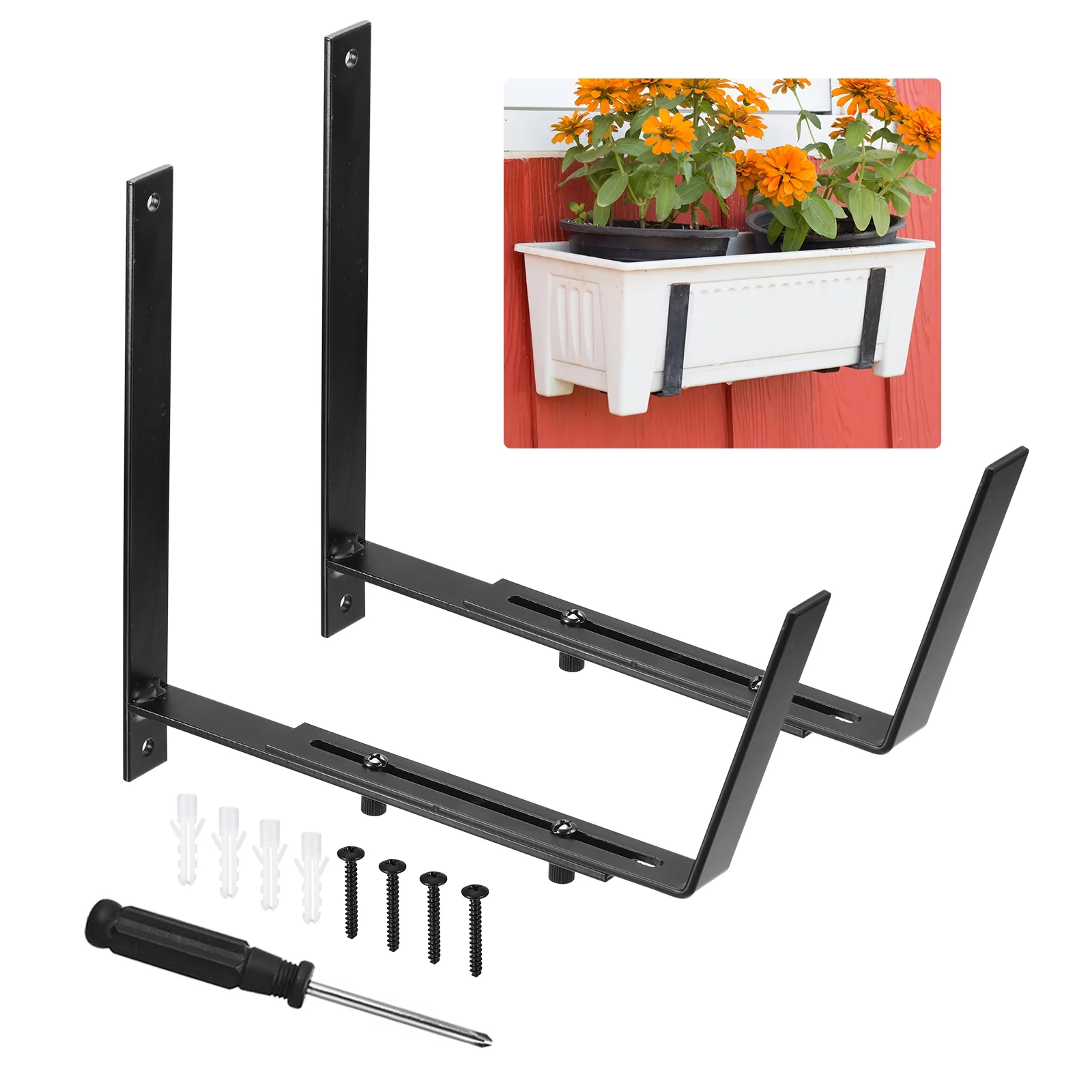 Adjustable Window Planter Box Brackets Universal Window Box Holder, Iron Flower Box Wall Mounting Hooks (2 PCS)