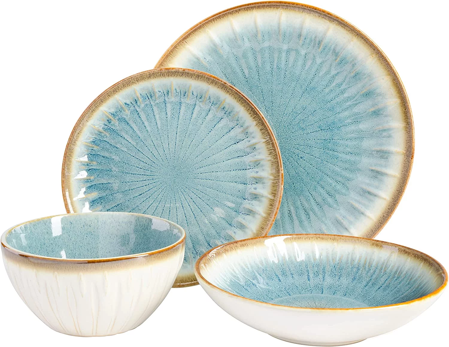 MINGFENG Mayfair Bay Embossed Double Bowl Dinnerware Set, Service for 4 (16pcs), Blue
