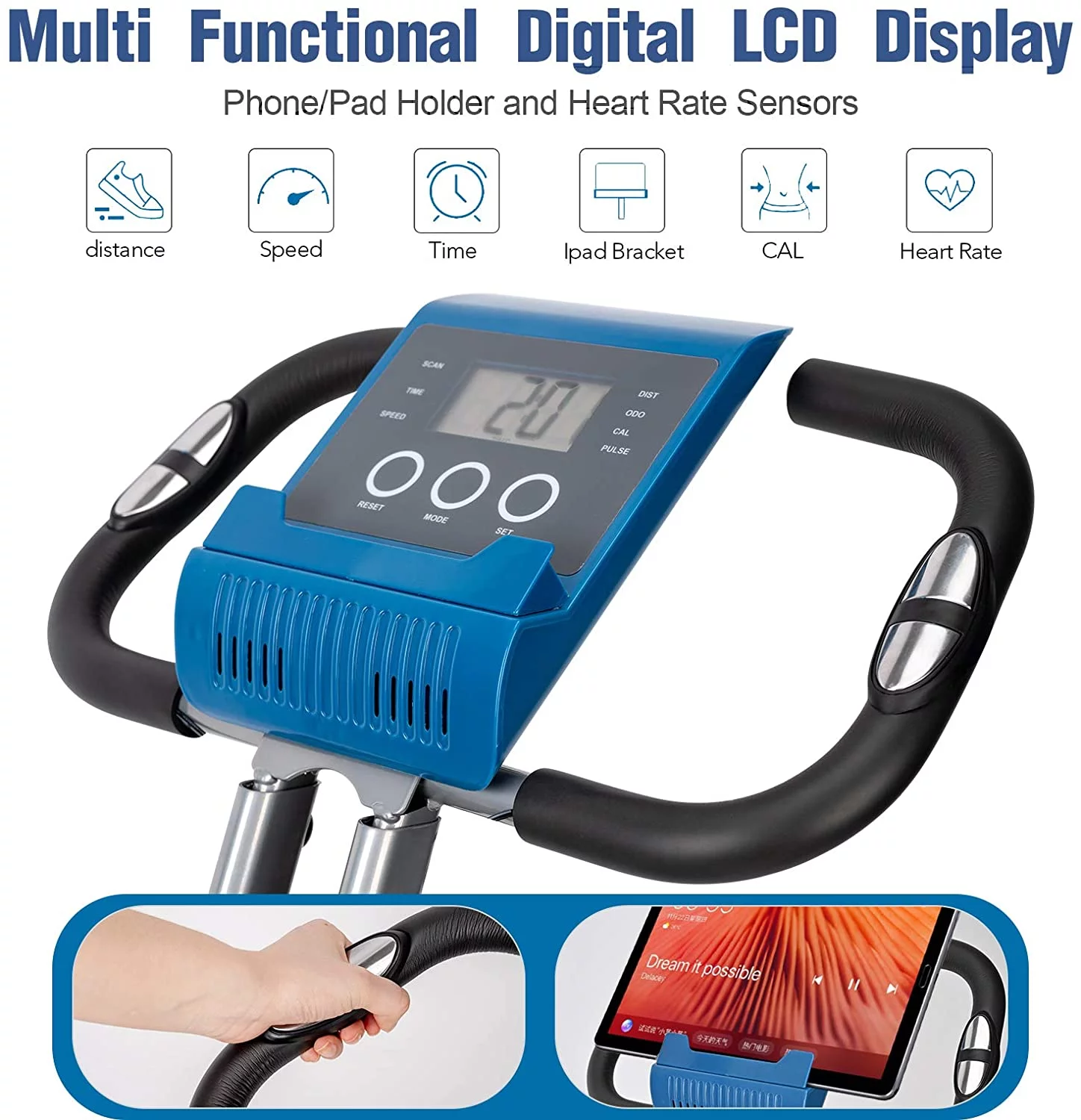 Wonder Maxi Folding Recumbent Exercise Bike, Upright Foldable Stationary Bike, Indoor Cycling Bike with Pulse Sensor LCD Monitor Phone Holder for Cardio Workout and Strength Training