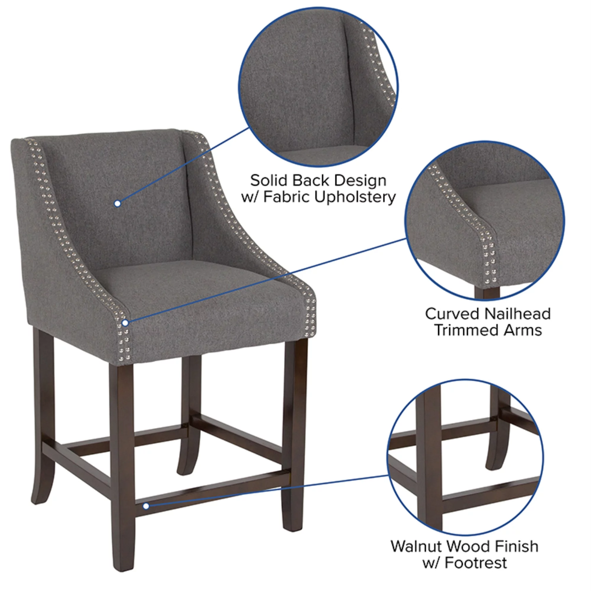 Flash Furniture Carmel Transitional Fabric Counter Stool, Dark Gray, Set of 2