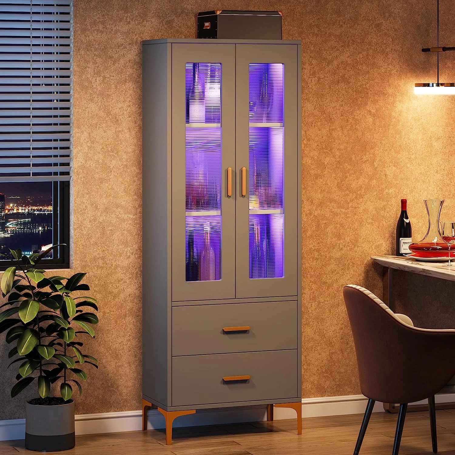 Tribesigns Bookcase Bookshelf with Doors and Drawers, Gray Storage Cabinet with LED Light, Lager Office Bookcase with 15-Color Lights for Living Room, Bathroom, Office, Kitchen