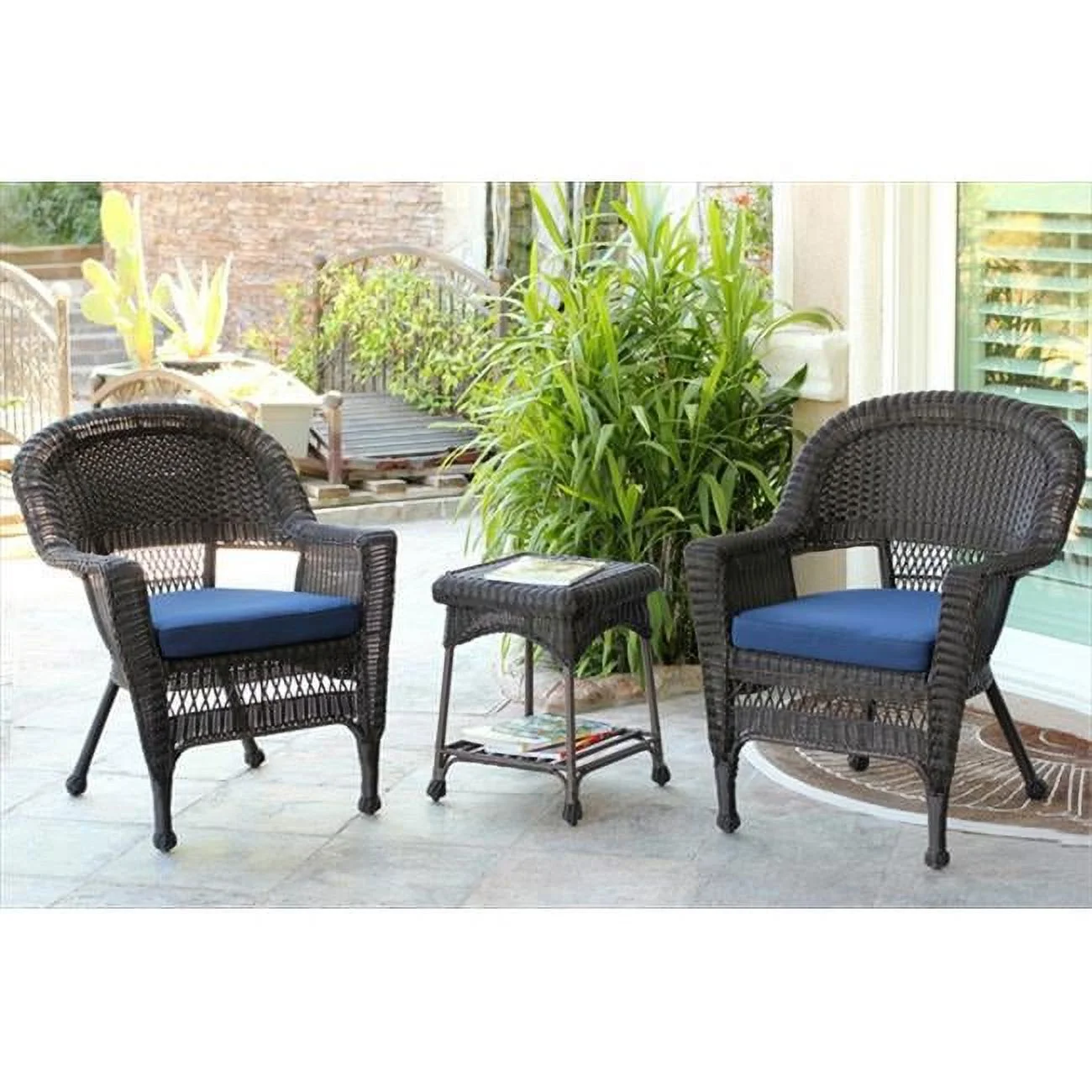 Jeco  3 Piece Espresso Wicker Chair And End Table Set With Blue Chair Cushion - Blue