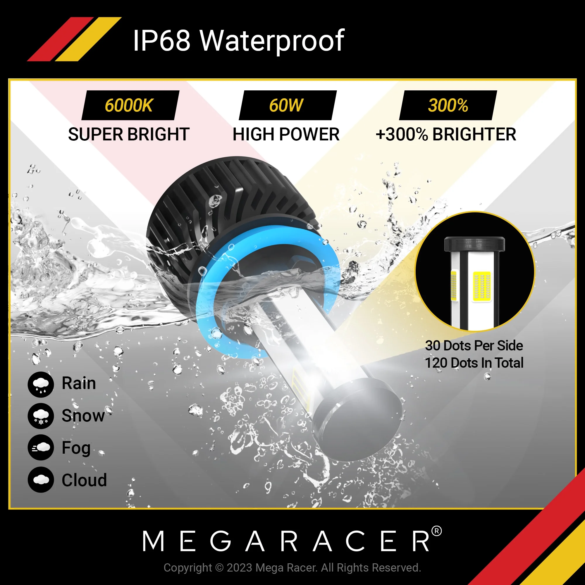 Mega Racer BMW 230i xDrive 4 Sided H11 H9 H8 LED Headlight Bulbs 6000K Diamond White 12V 60W 10000LM BMW 230i xDrive 2017 2018 17 18 Fog Light Automotive Replacement