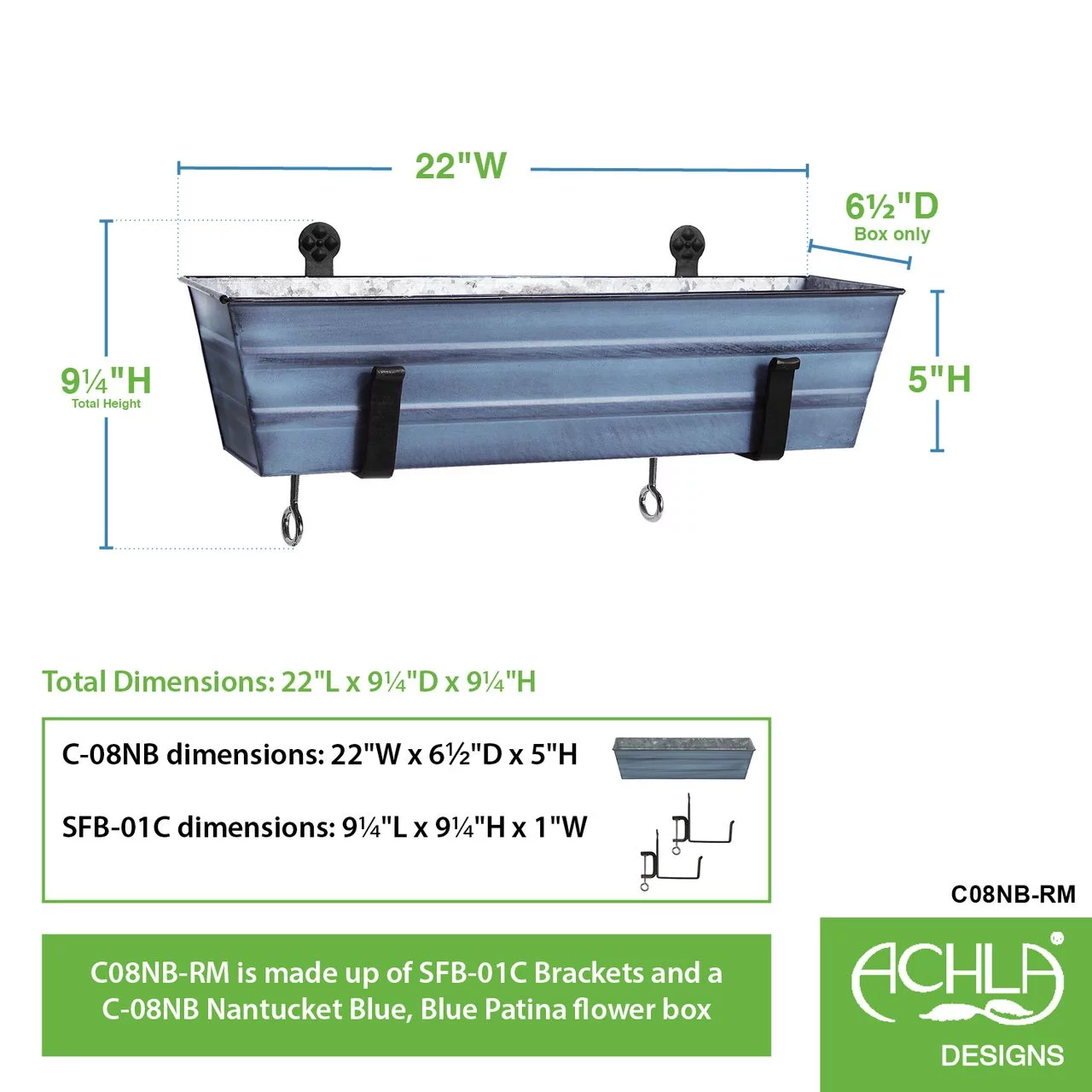 Achla C08NB-RM Flower Box with Clamp-On Brackets, Blue - Small