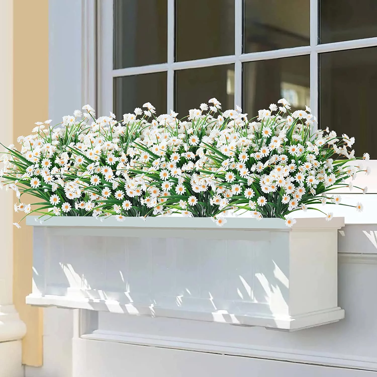 Morttic 8 Bundles Artificial Daisies Flowers Outdoor Spring UV Resistant Fake Greenery Plastic Bushes Faux Shrubs Planter for Garden Window Box Hanging Plants Porch Indoor Outside Decor (White)