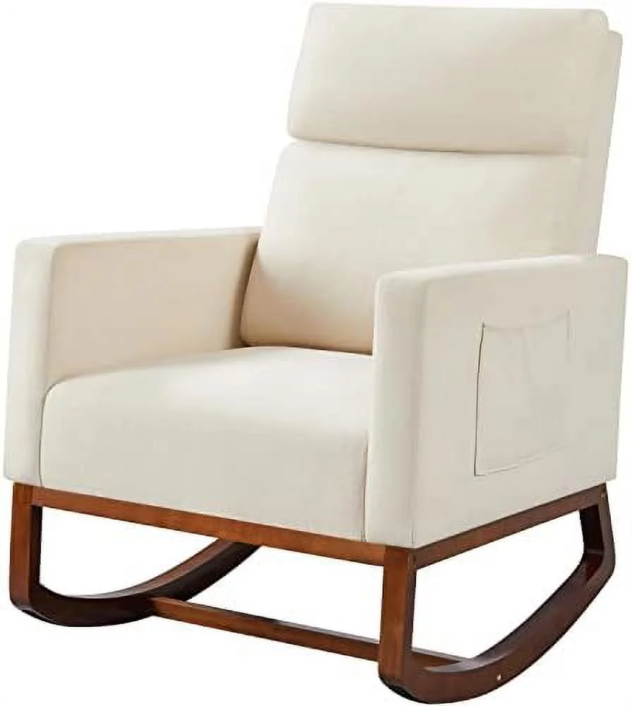 FDIGLUL Rocking Chair Nursery  Upholstered Glider Chair with Side Pocket  Modern Accent Chair with High Back Comfy Armchair for Living Room Bedroom Lounge  Beige