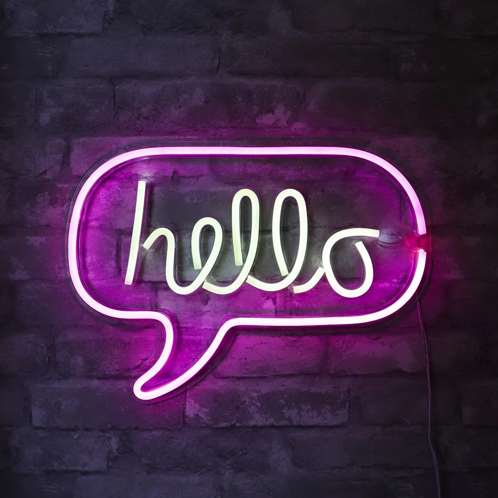 Isaac Jacobs LED Neon ‘White & Pink “hello” Word Bubble’ Wall Sign, Powered by USB Wire