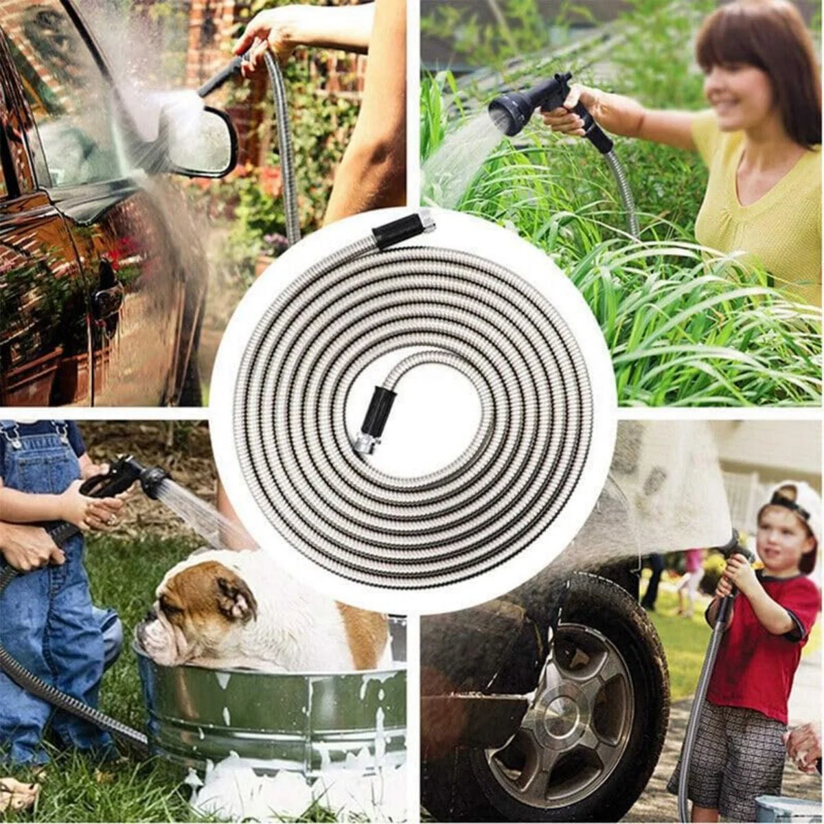 LUVCMFT Metal Garden Hose 50FT Flexible Garden Water Hose with Solid Metal Fittings and Spray Nozzle Stainless Steel Water Hose No-Tangle & No-Kink Durable and Lightweight