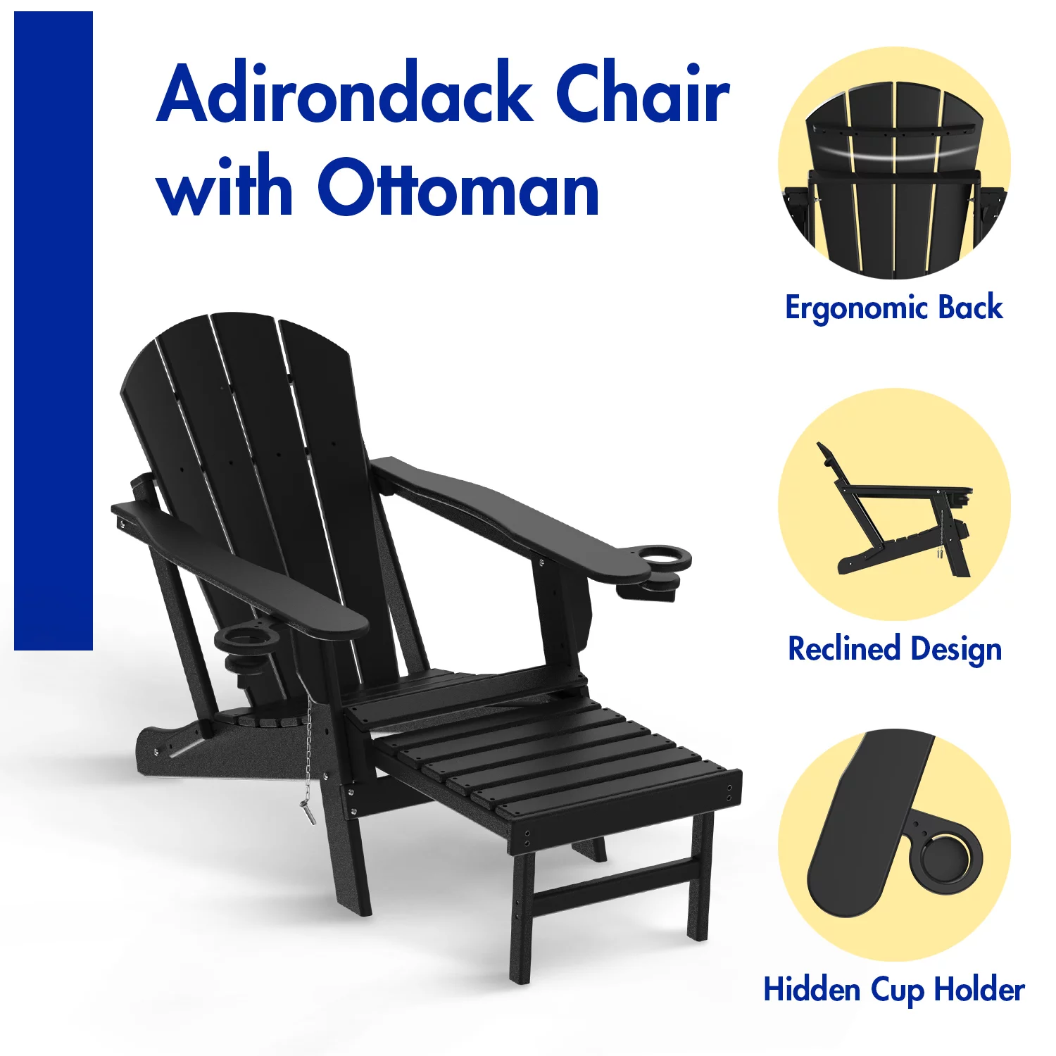 Folding Adirondack Chair with Ottoman, HDPE All-Weather Poolside Chairs w/Cup Holders & Footrest, Black