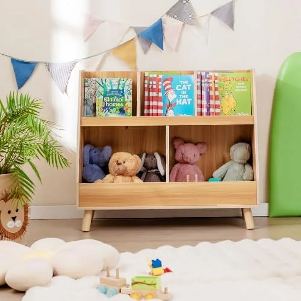 MQLIFEBOOM Toy Organizers and  with Bookshelf  5 Cubbies Wooden Toy Cabinet and Montessori Bookcase with Solid Legs  Freestanding Display Toy  for  Room  Playroom  Bedroom  Nursery