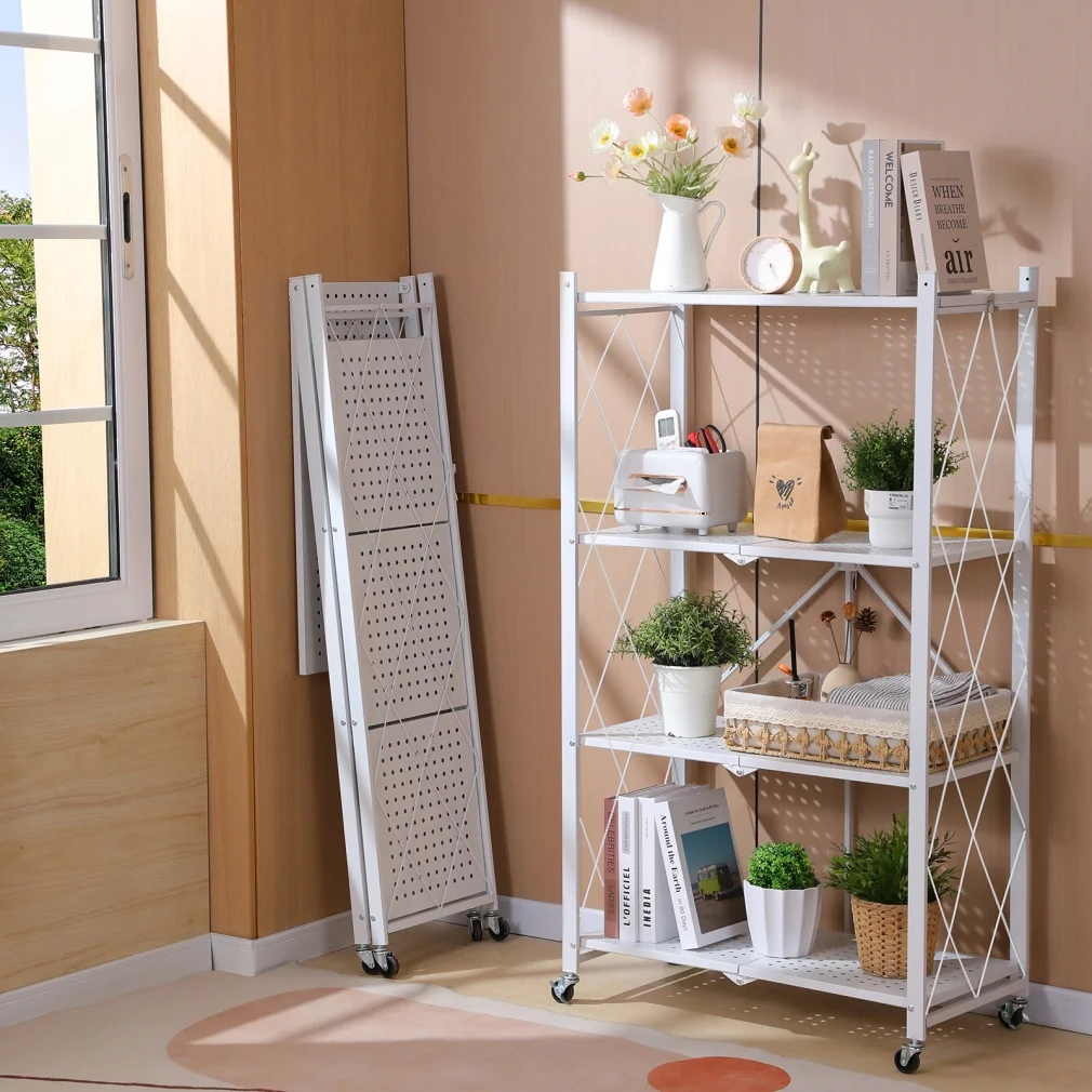 HOYRR Portable White Storage Shelves with Wheels Heavy Duty Metal Rack Shelf for Garage Kitchen 4-Tier Foldable Shelving Unit Unit for Garage Kitchen, Basement, Pantry, White