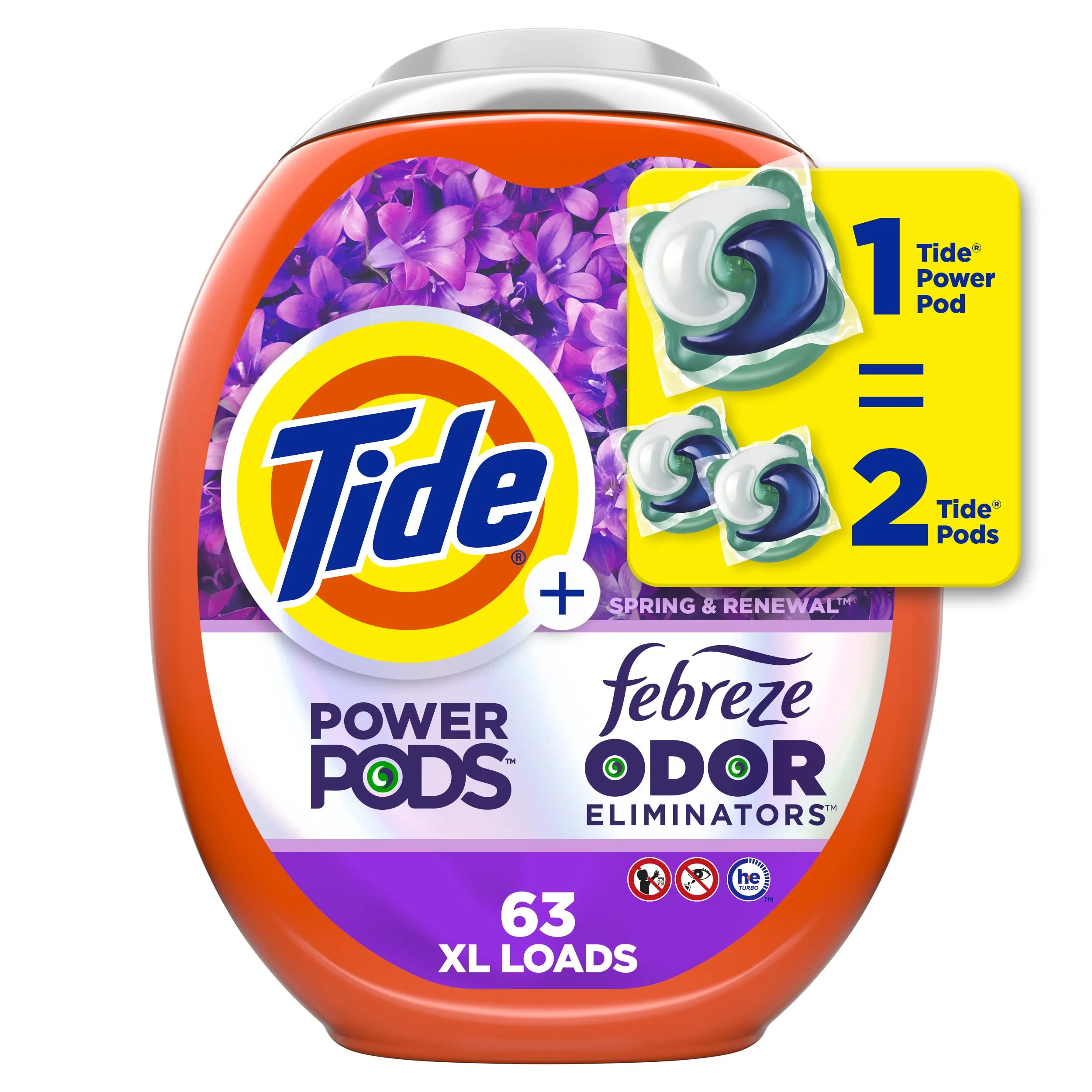 Tide Power Pods Laundry Detergent Pacs With Febreze, 63 Count, Spring & Renewal Scent, Febreze Freshness With Odor Eliminators