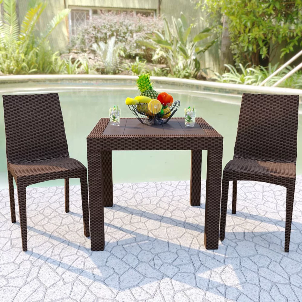 LeisureMod Modern Weave Mace Indoor Outdoor Dining Chair in Brown Set of 2