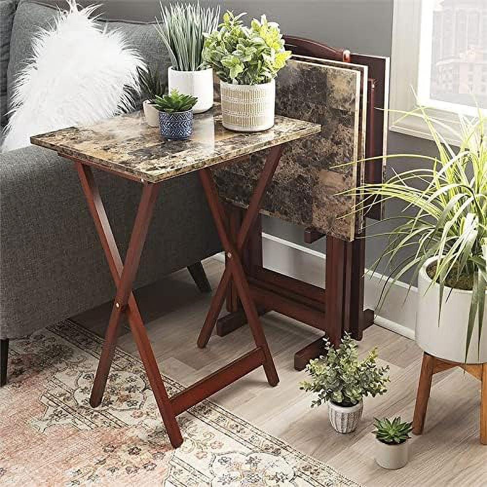 FDXCKJP 5 Piece Set Compass Print Wood Folding TV Tray Table Stand in Gray  4 Tray Tables & 1 Stand