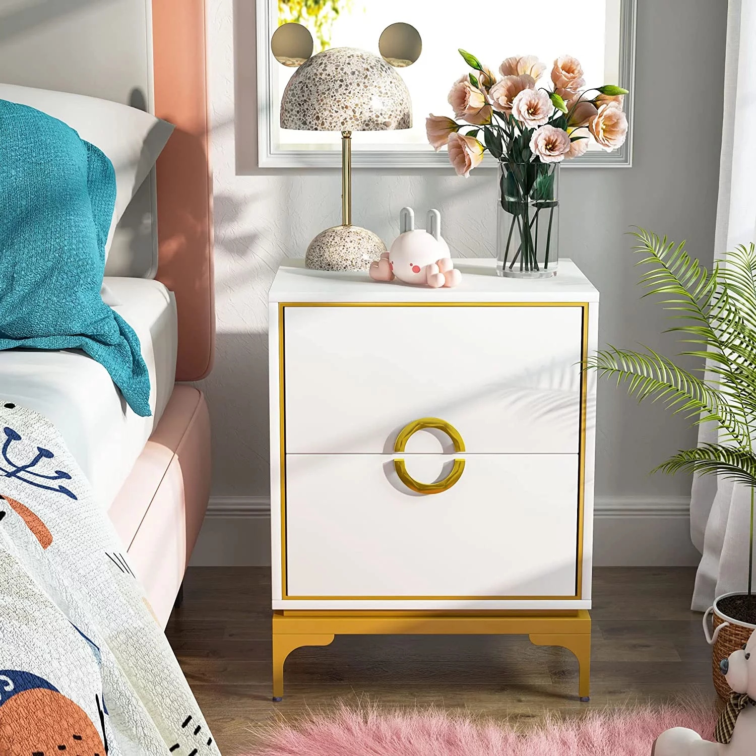 Tribesigns White and Gold Nightstand 2-Drawer, Modern Tall Bedside Table Night Stands for Bedroom, Wooden End Table Side Table with Metal Frame for Living Room, 20x15.7x21 Inches, Easy Assembly