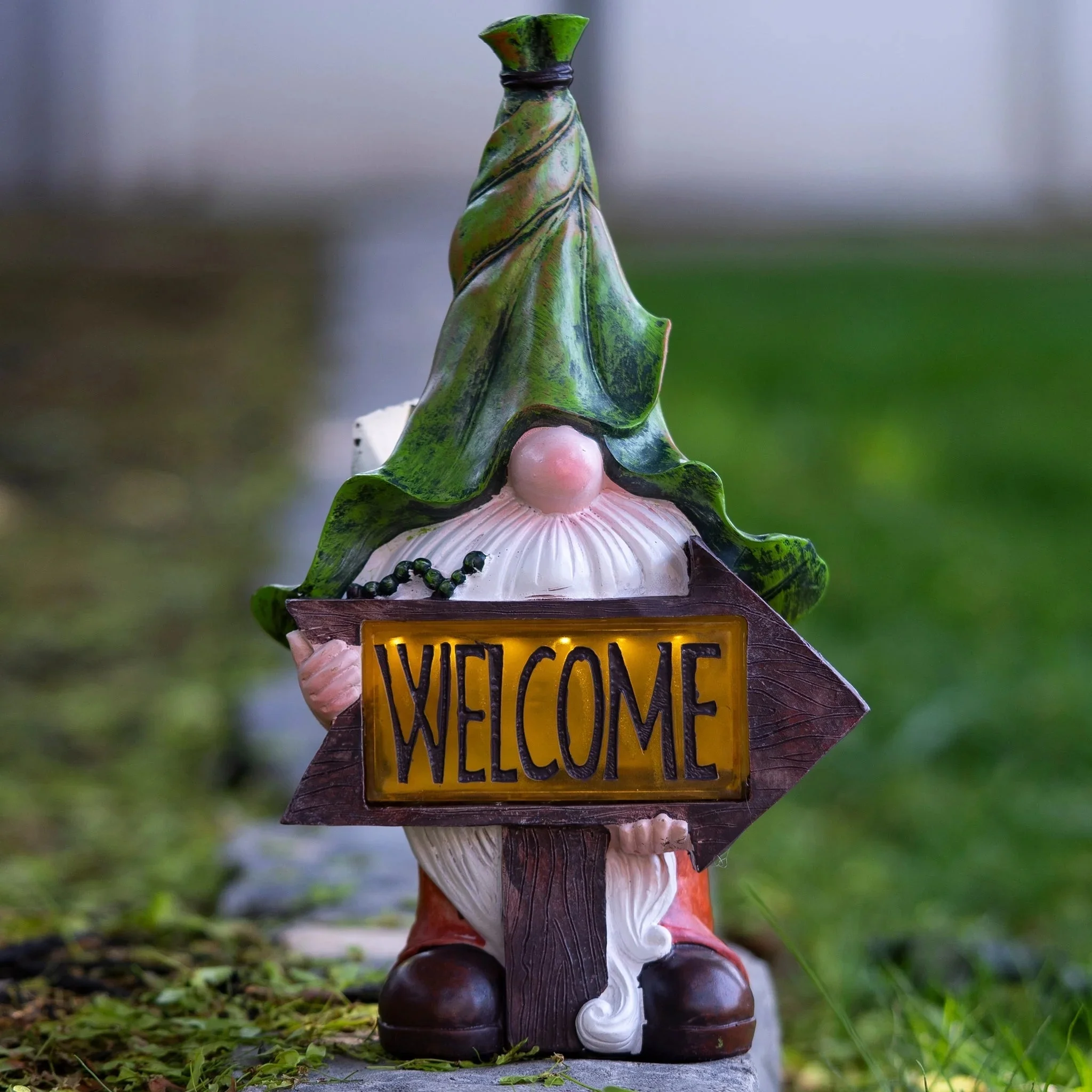 Accent Collection Garden Gnome with Leaf Hat and Welcome Sign, Solar-Powered LED Light