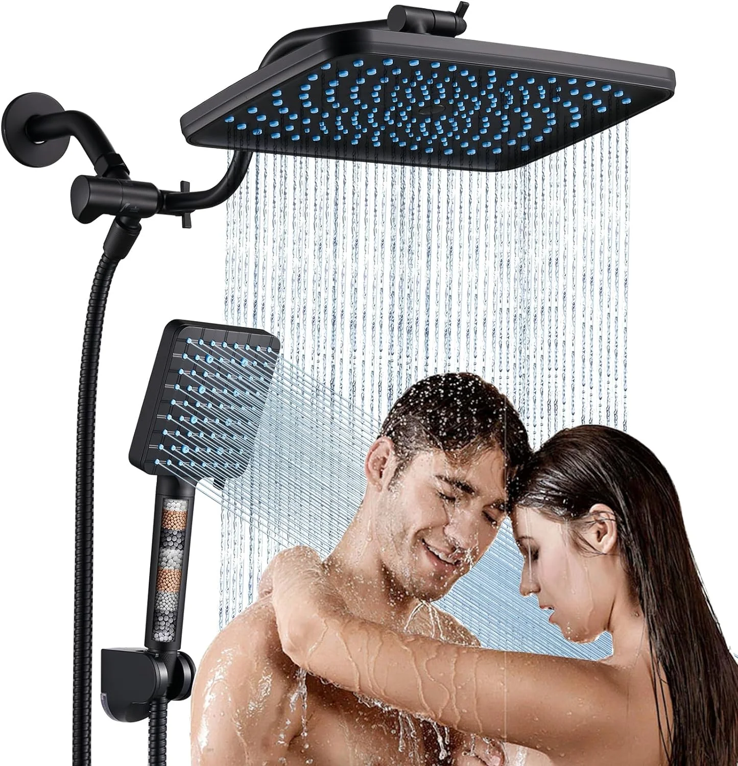 YILAN 12 Inch Rain Shower Head Combo, High Pressure Handheld Shower Head with Filter - Upgrade Extension Arm Height Adjustable - 9 Spray Filtered Shower Head, Matte Black