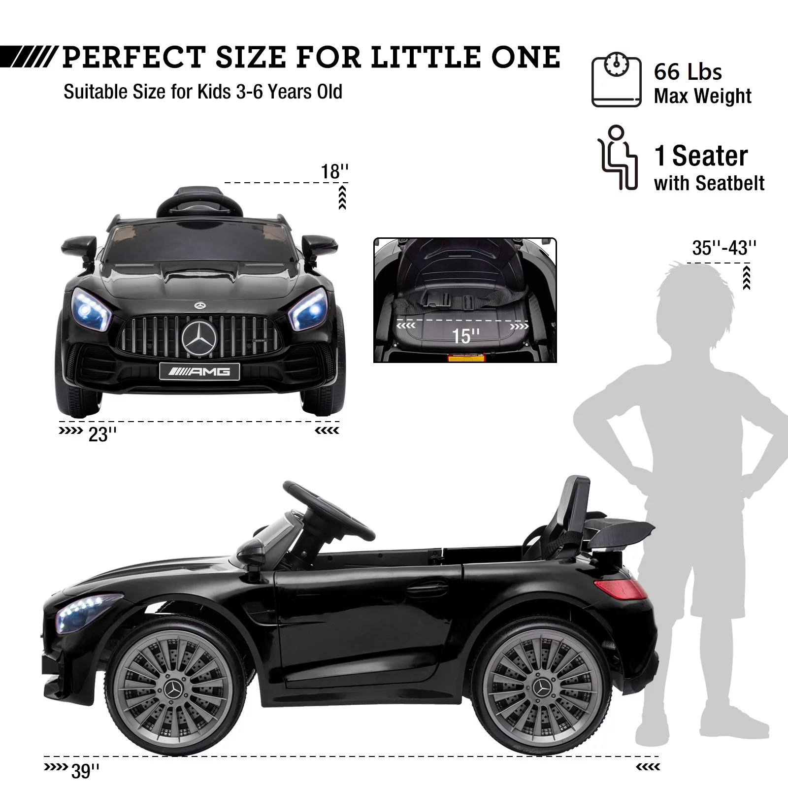 JOINATRE 12V Kids Ride on Car, Licensed Mercedes Benz AMG GTR Electric Cars, Battery Powered Ride on Toys with Remote Control, 3 Speeds, Music, LED Lights and Safety Belt, Black