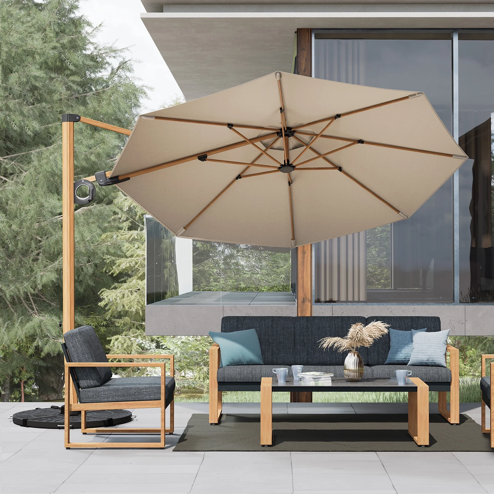 Grand Patio 10-Ft Offset Patio Umbrella, Cantilever Umbrella with Crank & Dual Tilt, Faux Wood Grain Aluminum Large Umbrella, Champagne