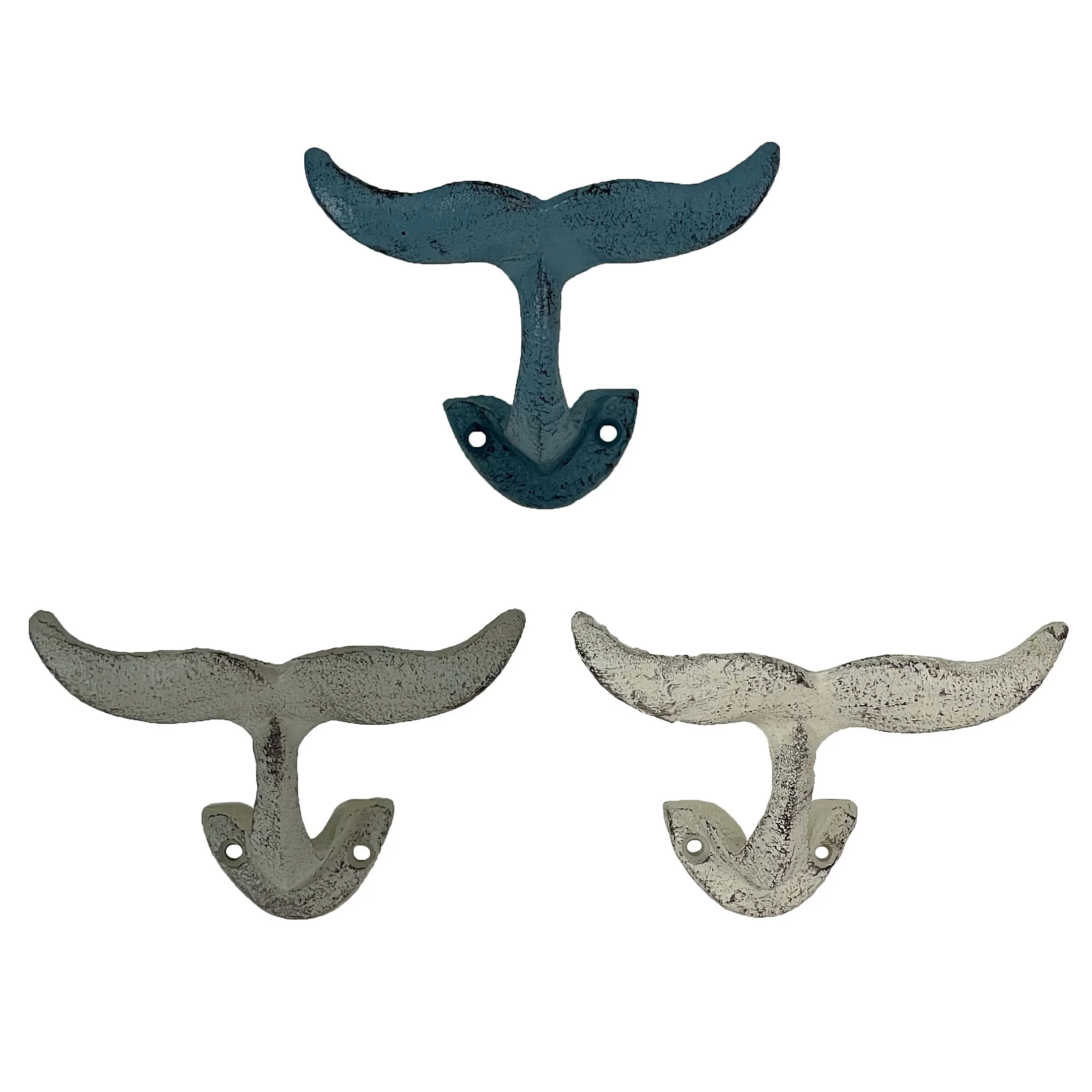 Zeckos Set of 3 Cast Iron Nautical Whale Tale Wall Hooks