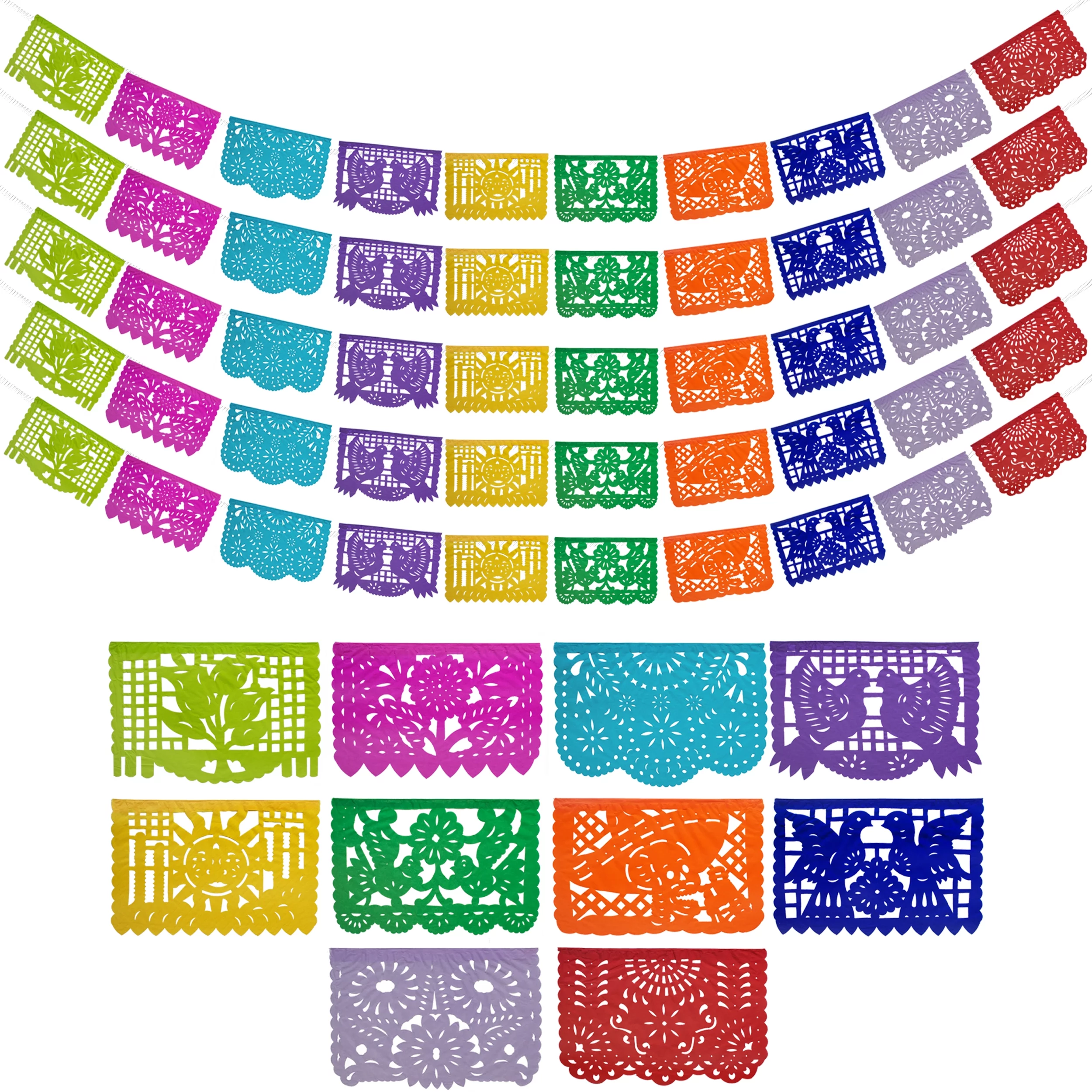 Mexican Party Banners (5 Pack with 10 Tissue Paper Flags per Banner) - Papel Picado Mexicano by Fiesta Wraps