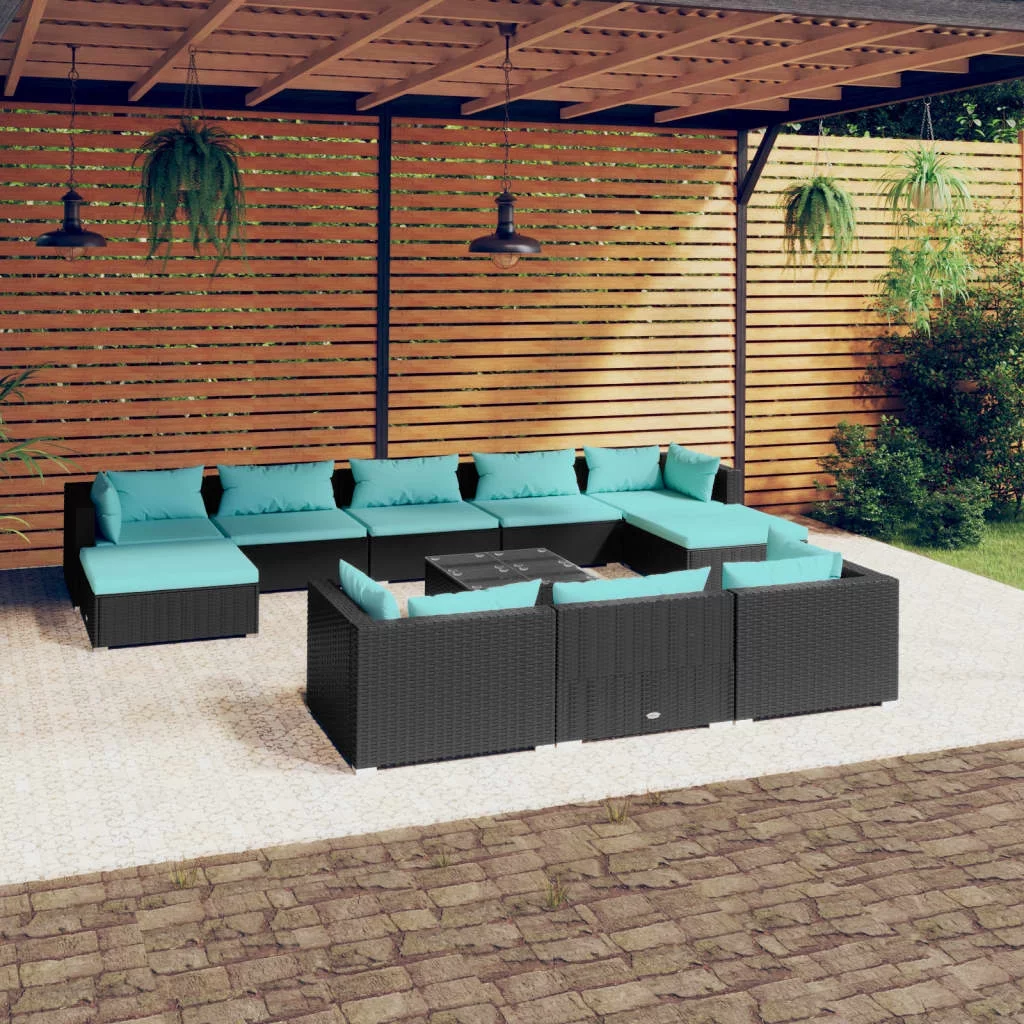 Anself 11 Piece Patio Set with Cushions Black Poly Rattan