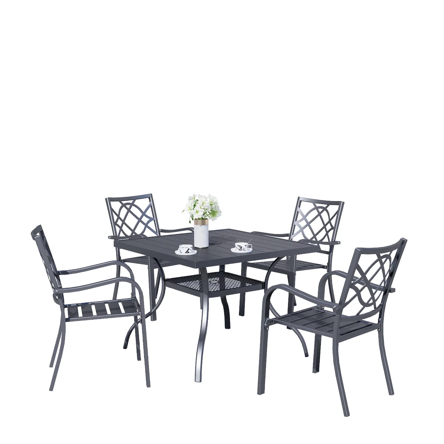 SOLAURA 5-Piece Outdoor Patio Dining Set Metal Square Table and Stackable Chairs Set for 4-Person, Black