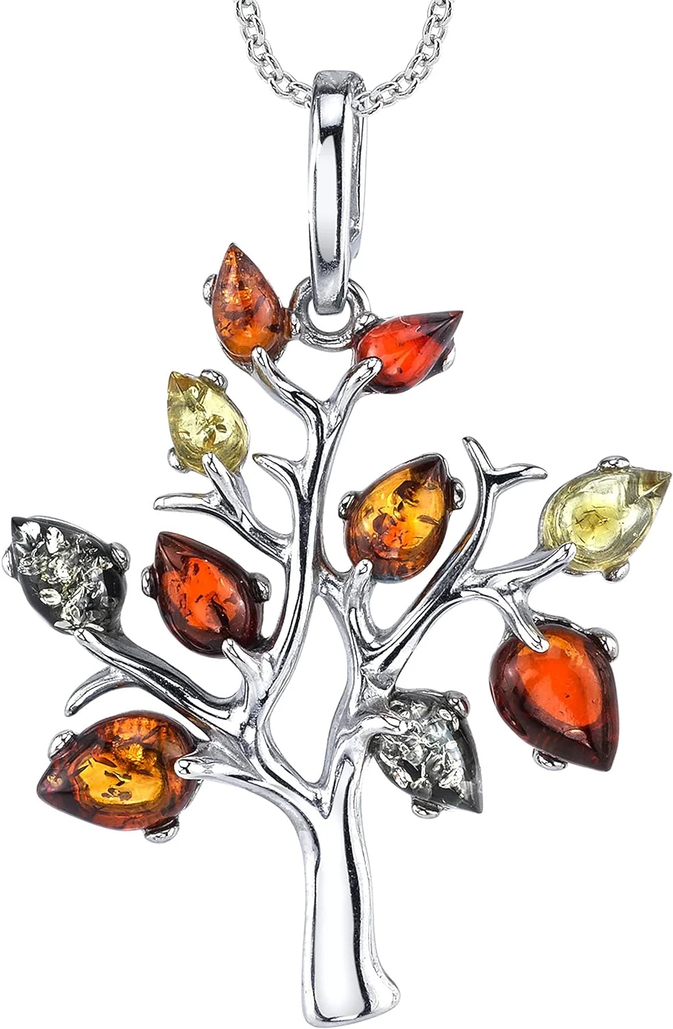 Baltic Amber Tree Of Life Sterling Silver Pendant Necklace Multi-Color 18