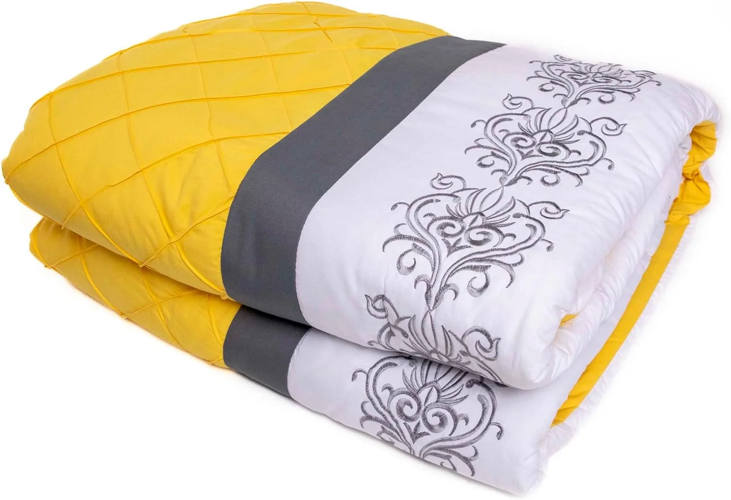 7 Pc Grey, Yellow And White Striped Comforter Set With Embroidered Design, King Size